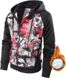 AFILOK Men's Zip Up Hoodie Fleece lightweight Sweatshirt Camo Color Block Fashion Long Sleeve Hooded WIth Kanga Pocket