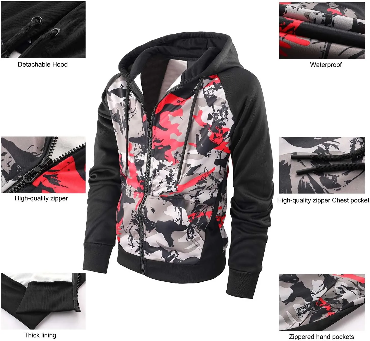 AFILOK Men's Zip Up Hoodie Fleece lightweight Sweatshirt Camo Color Block Fashion Long Sleeve Hooded WIth Kanga Pocket