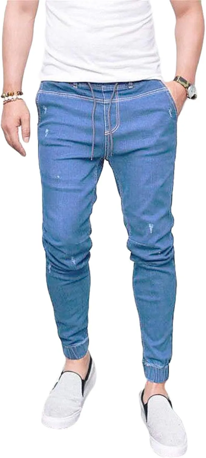 Andongnywell Mens Skinny Stretch Elasticated Waist Jeans Workout Slim fit Jogger Trousers Stretchy Denim Pants