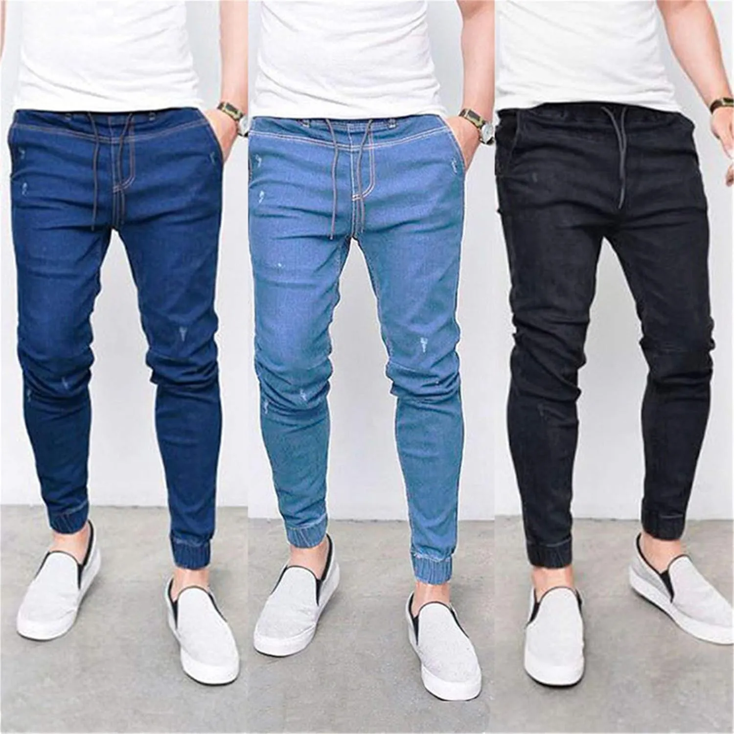 Andongnywell Mens Skinny Stretch Elasticated Waist Jeans Workout Slim fit Jogger Trousers Stretchy Denim Pants