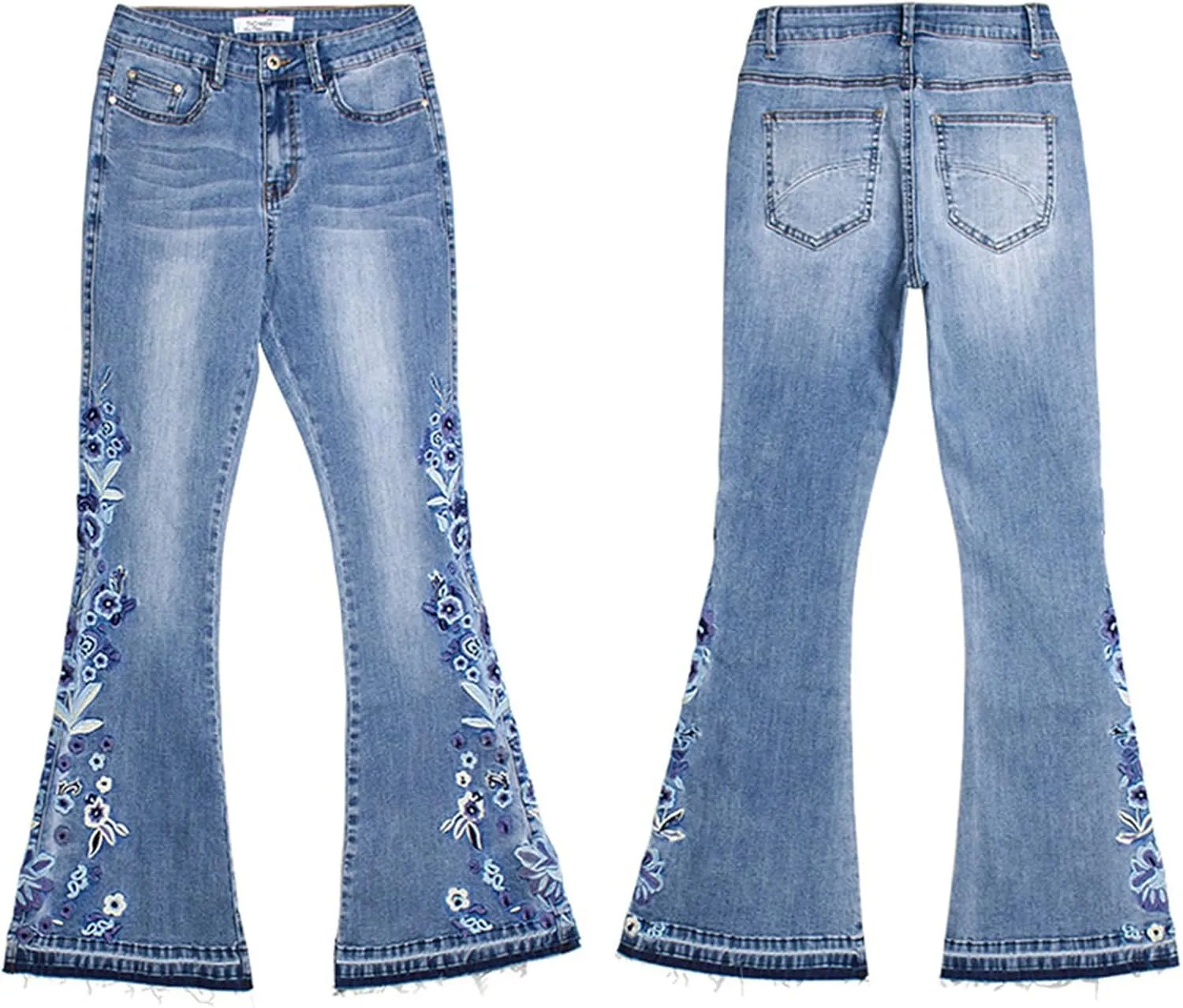 Andongnywell Women's Floral Embroidered Mid Rise Flare Denim Pants Embroidery Bell Bottom Jeans Trousers