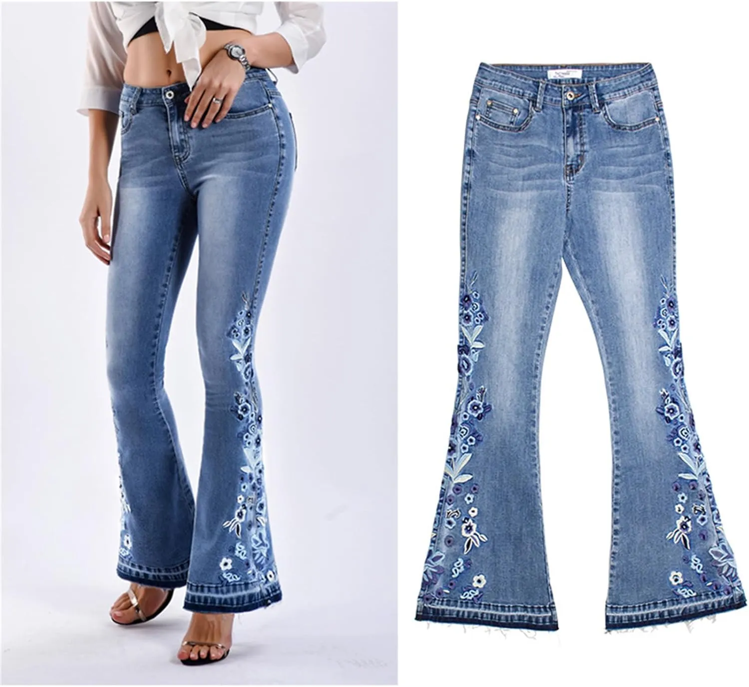 Andongnywell Women's Floral Embroidered Mid Rise Flare Denim Pants Embroidery Bell Bottom Jeans Trousers