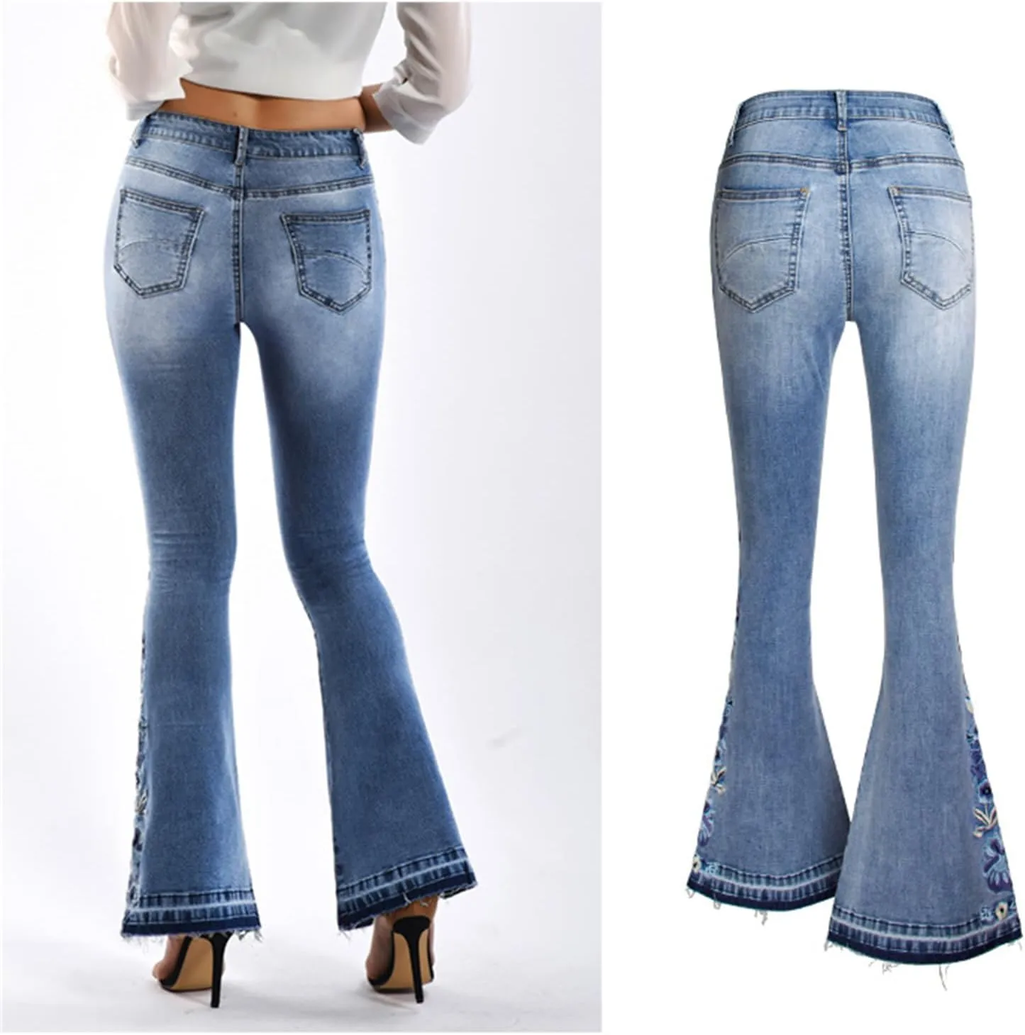 Andongnywell Women's Floral Embroidered Mid Rise Flare Denim Pants Embroidery Bell Bottom Jeans Trousers