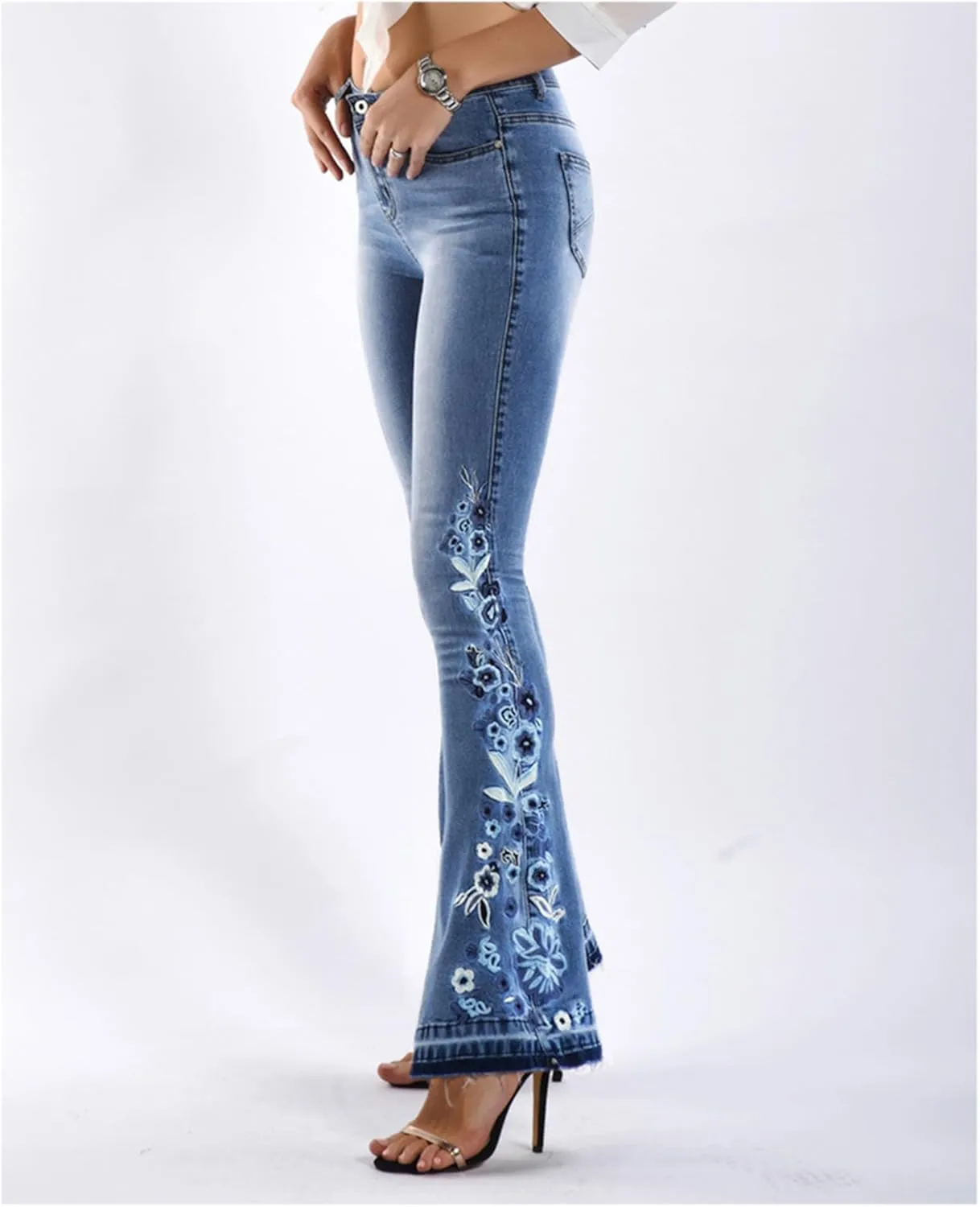 Andongnywell Women's Floral Embroidered Mid Rise Flare Denim Pants Embroidery Bell Bottom Jeans Trousers