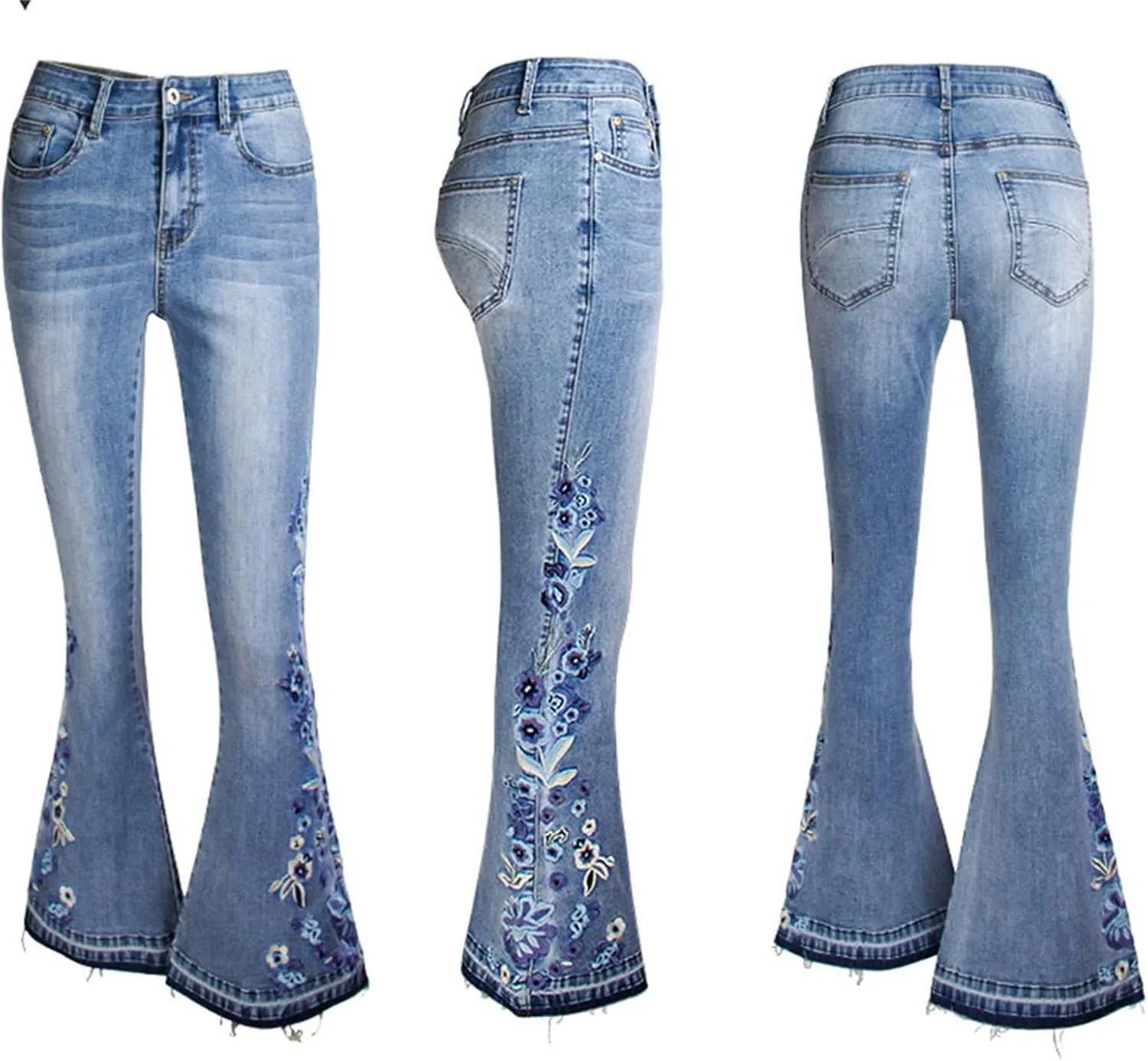 Andongnywell Women's Floral Embroidered Mid Rise Flare Denim Pants Embroidery Bell Bottom Jeans Trousers