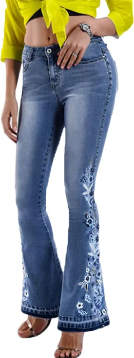 Andongnywell Women's Floral Embroidered Mid Rise Flare Denim Pants Embroidery Bell Bottom Jeans Trousers