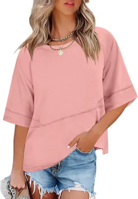 ANRABESS Womens Tops Crewneck Half Sleeve Loose Fit T Shirts Solid Cute Flowy Shirts Summer Casual Tees 2025 Trendy Outfits