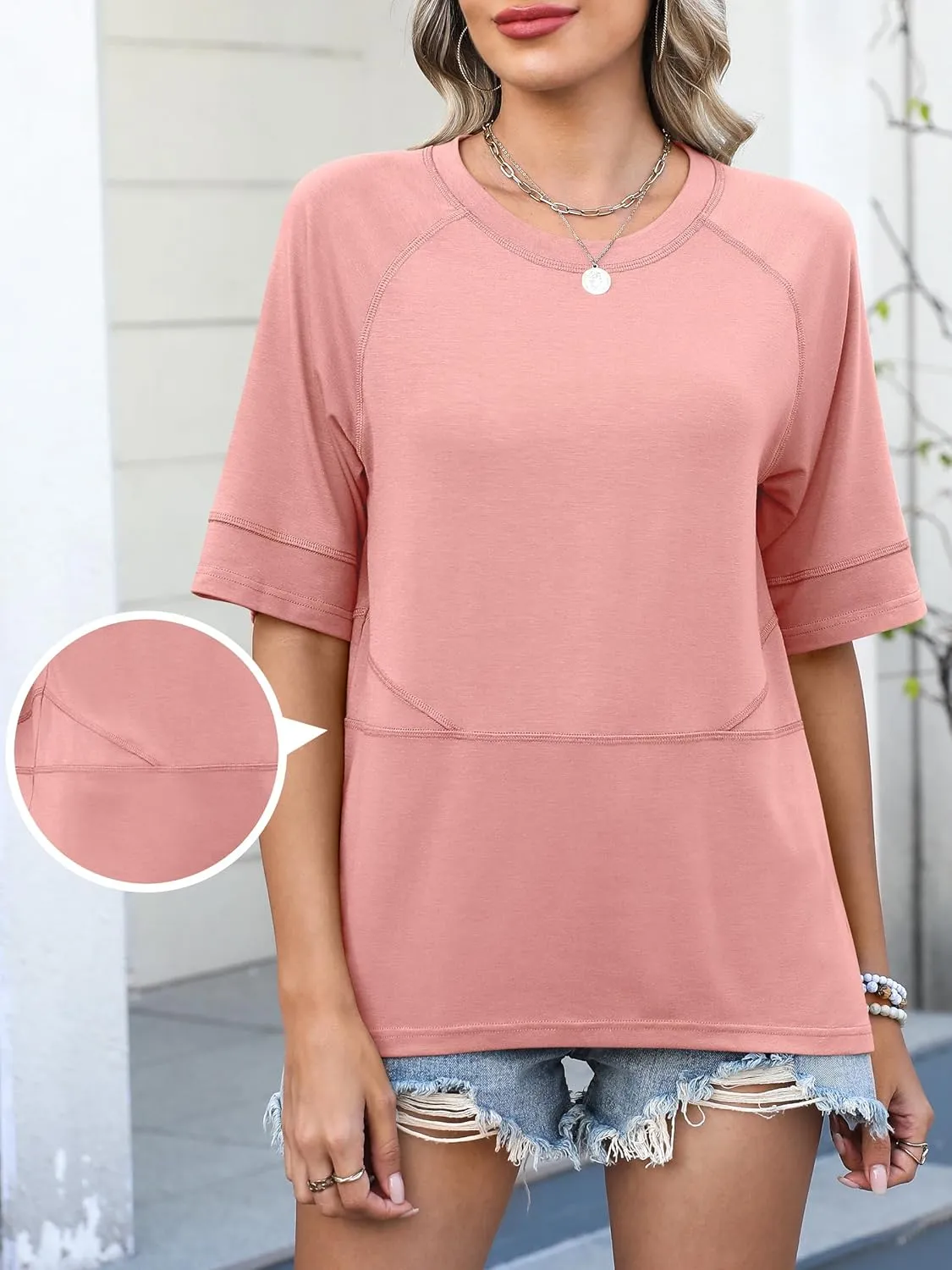 ANRABESS Womens Tops Crewneck Half Sleeve Loose Fit T Shirts Solid Cute Flowy Shirts Summer Casual Tees 2025 Trendy Outfits