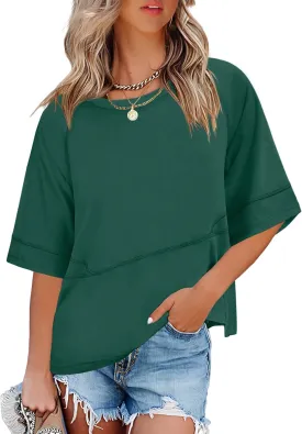 ANRABESS Womens Tops Crewneck Half Sleeve Loose Fit T Shirts Solid Cute Flowy Shirts Summer Casual Tees 2025 Trendy Outfits