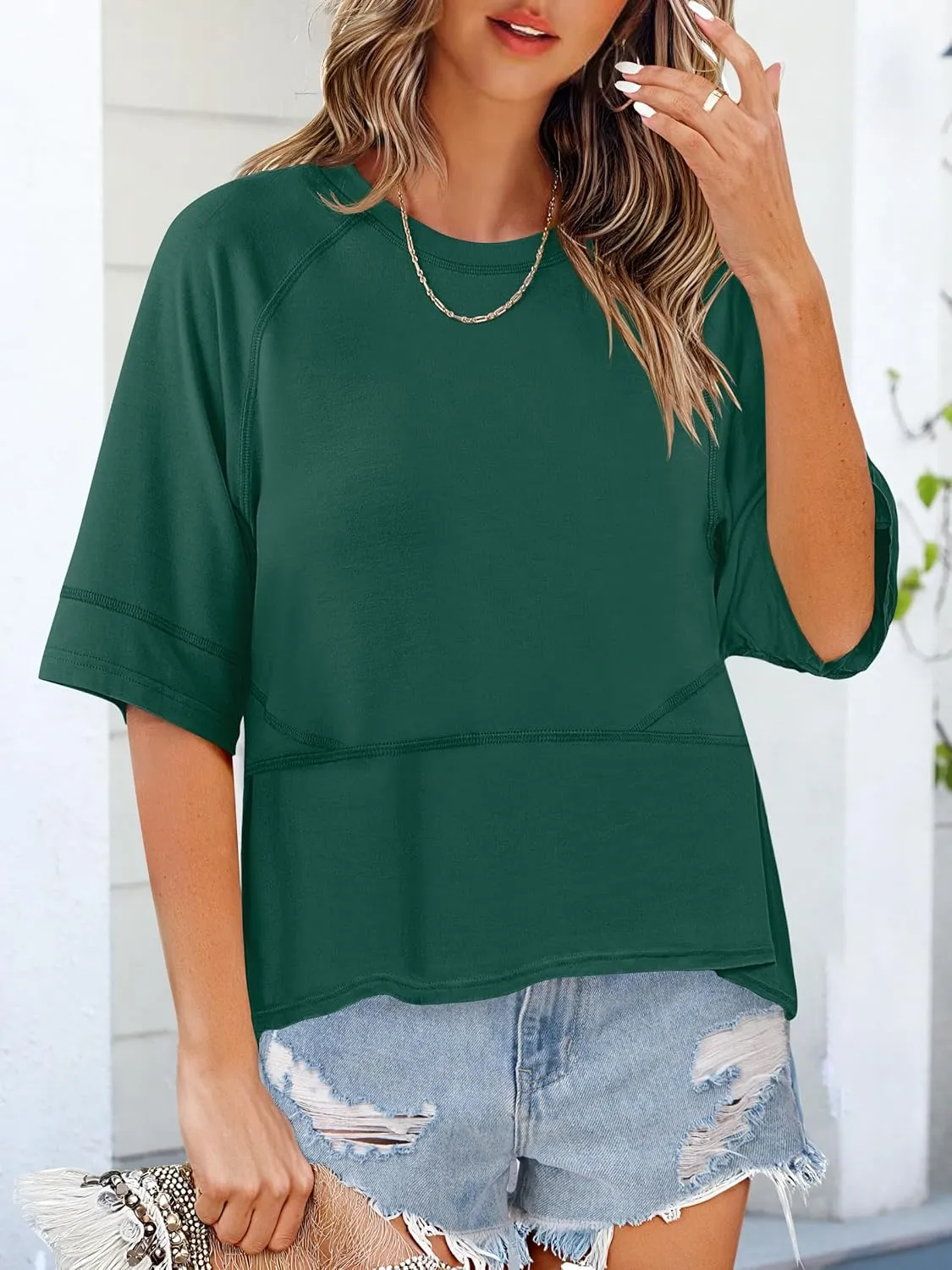 ANRABESS Womens Tops Crewneck Half Sleeve Loose Fit T Shirts Solid Cute Flowy Shirts Summer Casual Tees 2025 Trendy Outfits