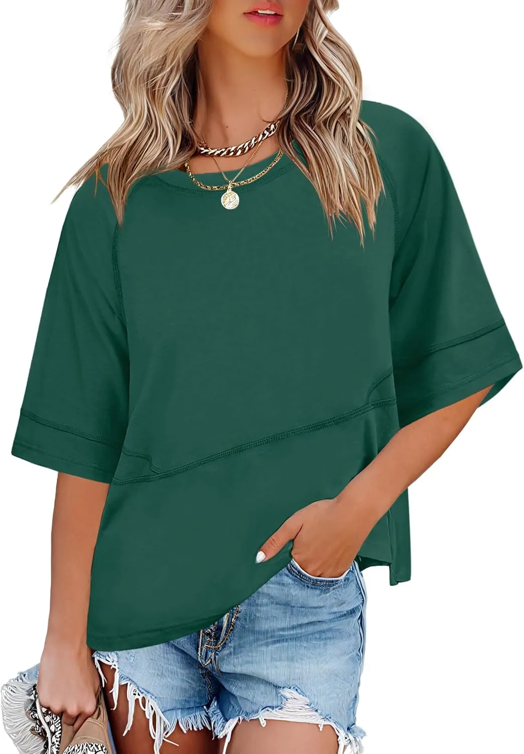 ANRABESS Womens Tops Crewneck Half Sleeve Loose Fit T Shirts Solid Cute Flowy Shirts Summer Casual Tees 2025 Trendy Outfits