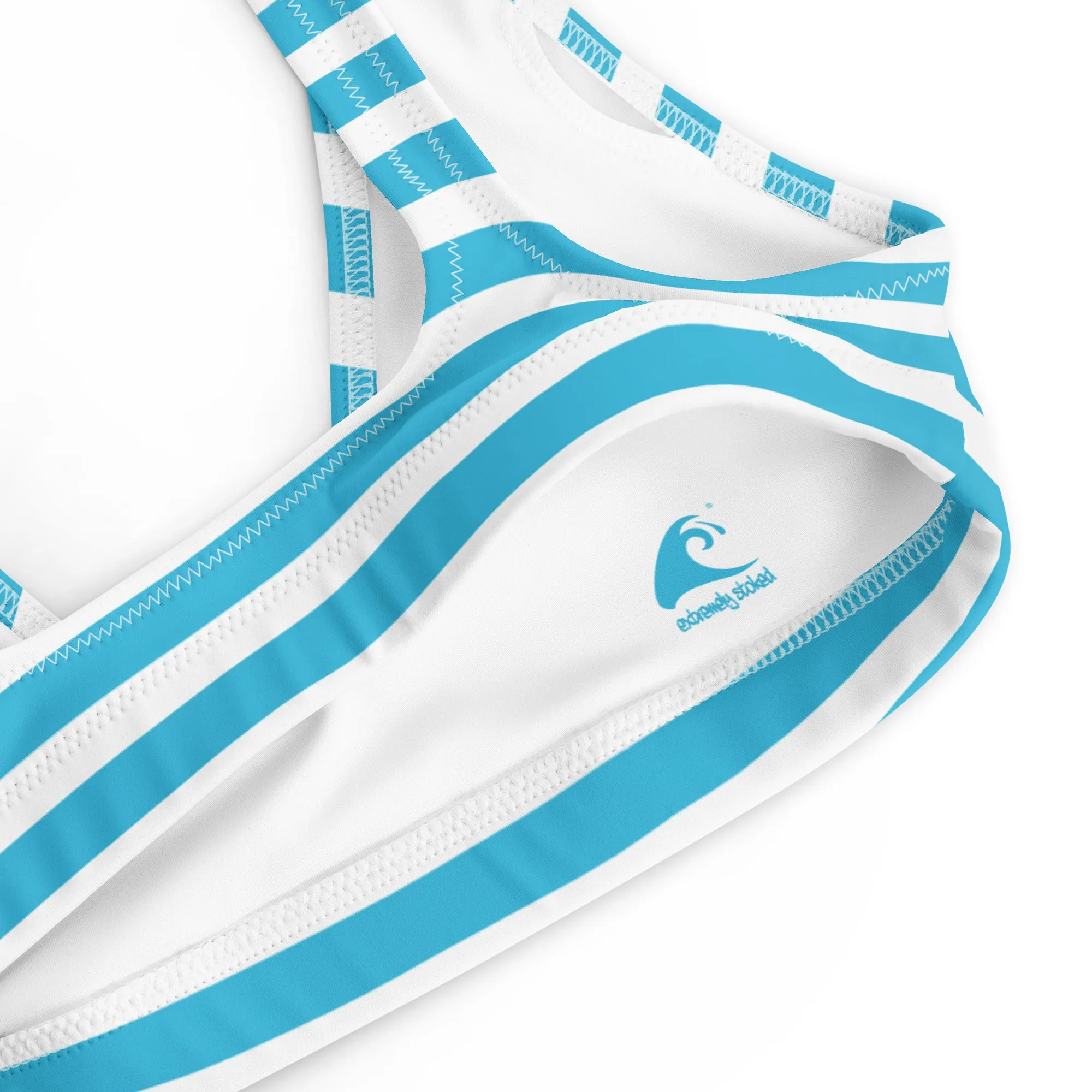 Aqua Blue and White Beach Stripes Halter Bikini Top