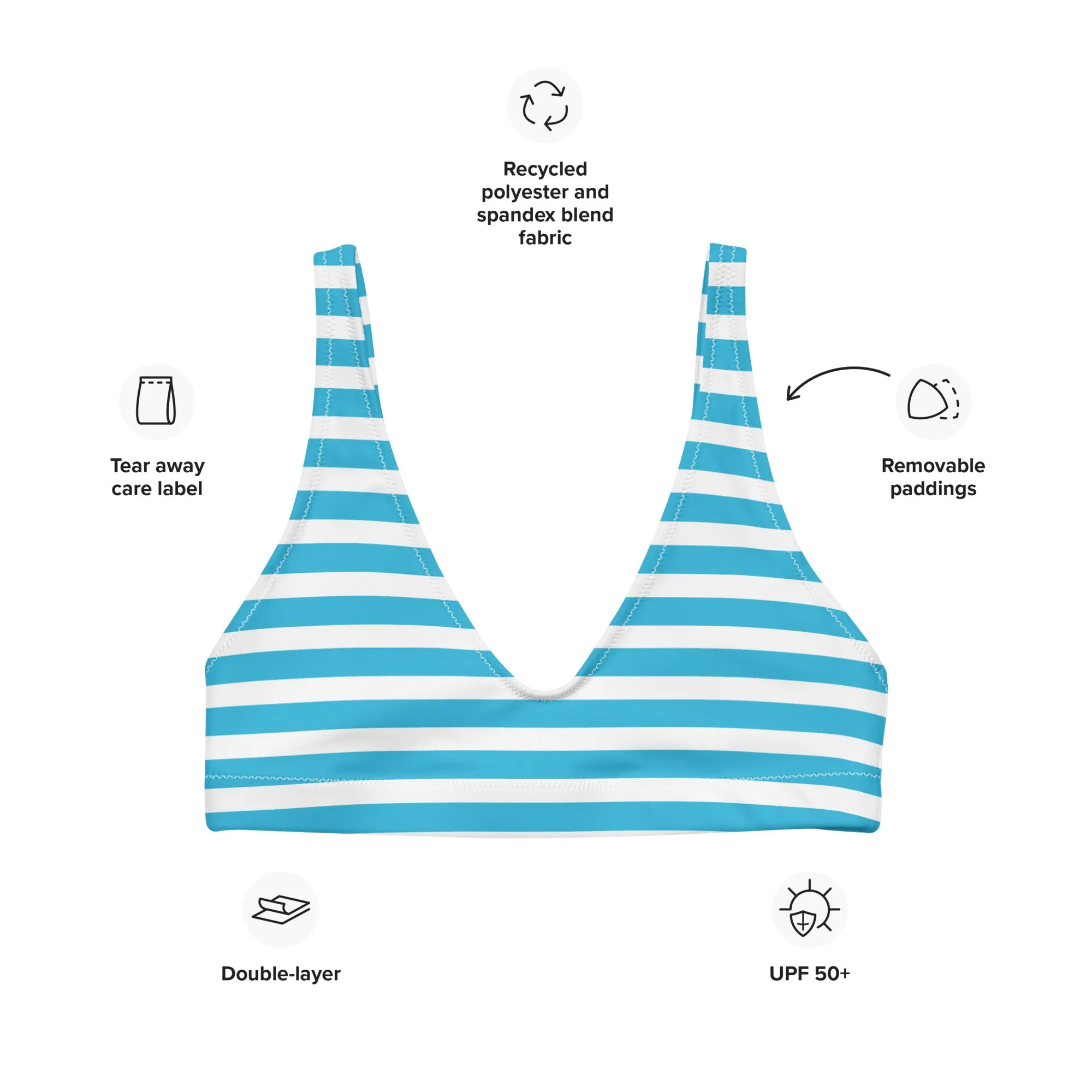 Aqua Blue and White Beach Stripes Halter Bikini Top