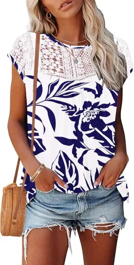 AUSELILY Women's Summer Tops Casual Short Cap Sleeve Crewneck Lace Trim Ladies T Shirts 2025 Trendy
