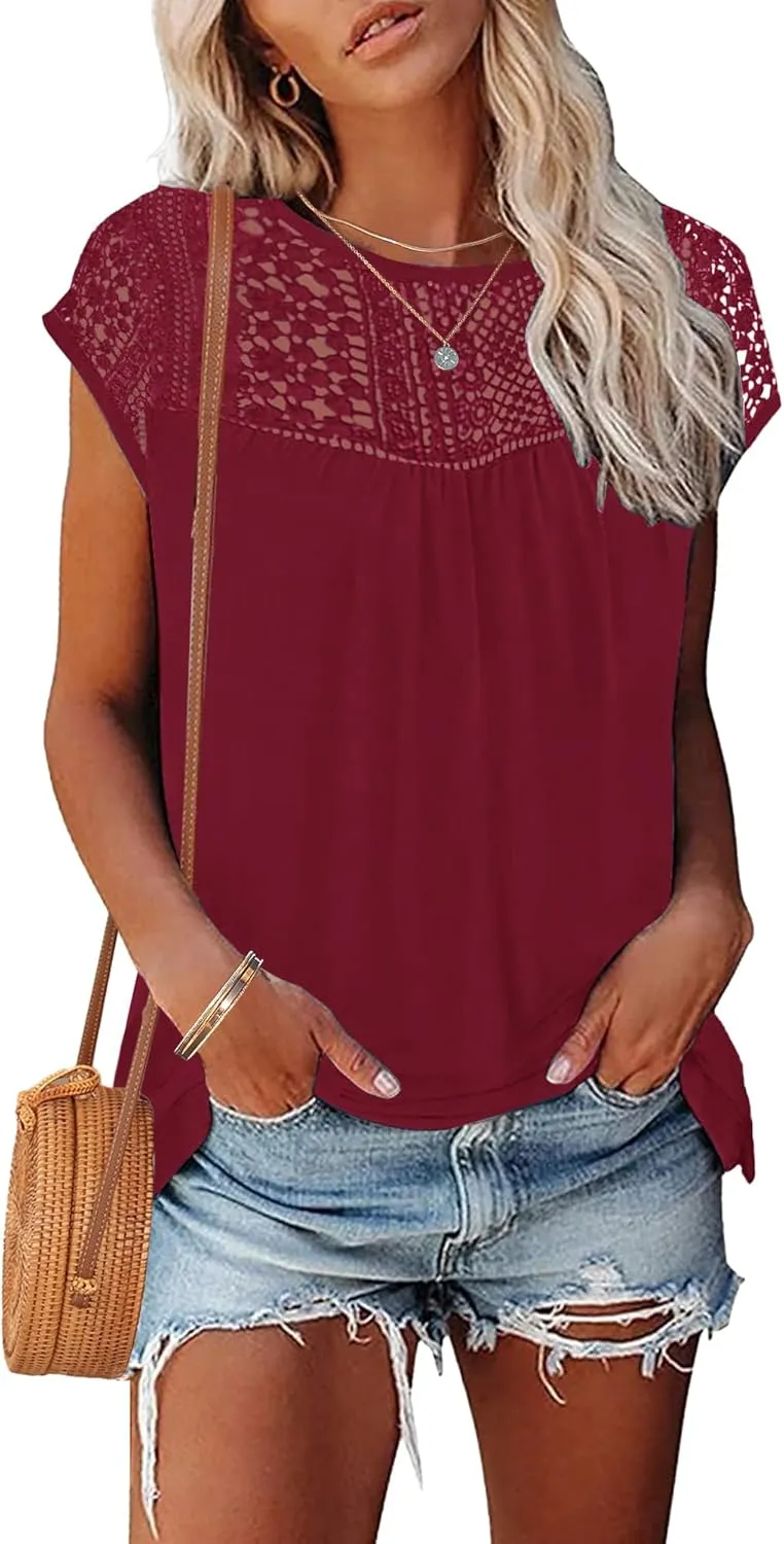 AUSELILY Women's Summer Tops Casual Short Cap Sleeve Crewneck Lace Trim Ladies T Shirts 2025 Trendy