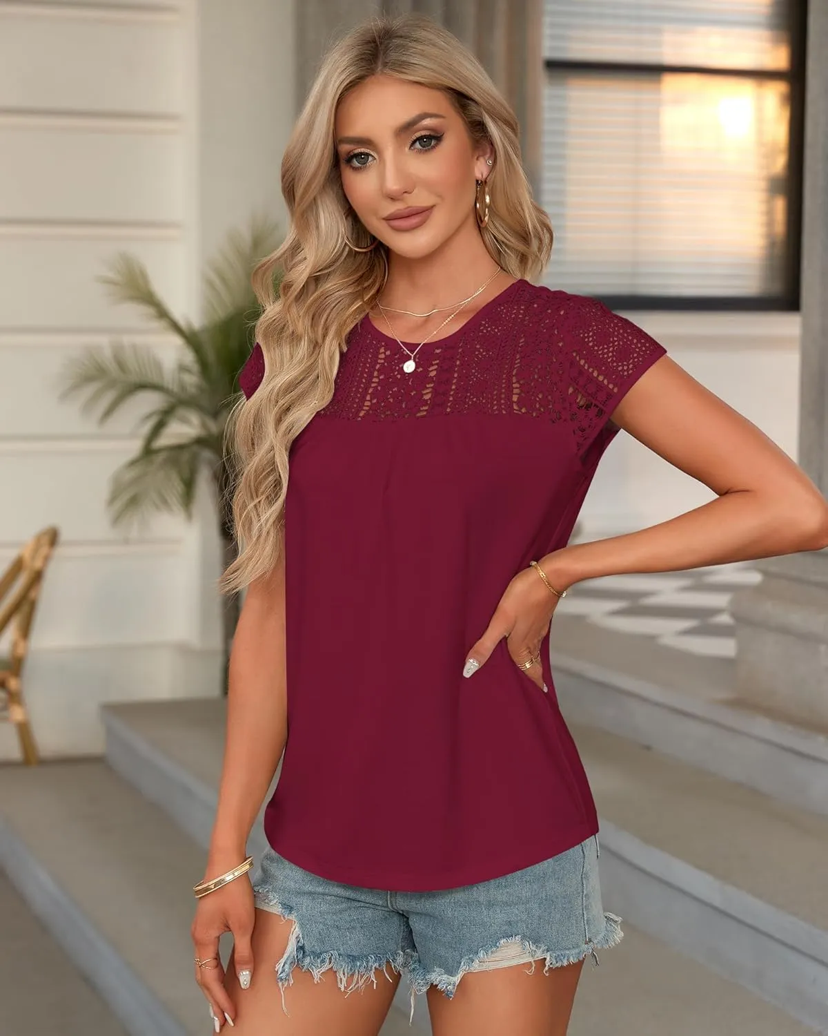 AUSELILY Women's Summer Tops Casual Short Cap Sleeve Crewneck Lace Trim Ladies T Shirts 2025 Trendy