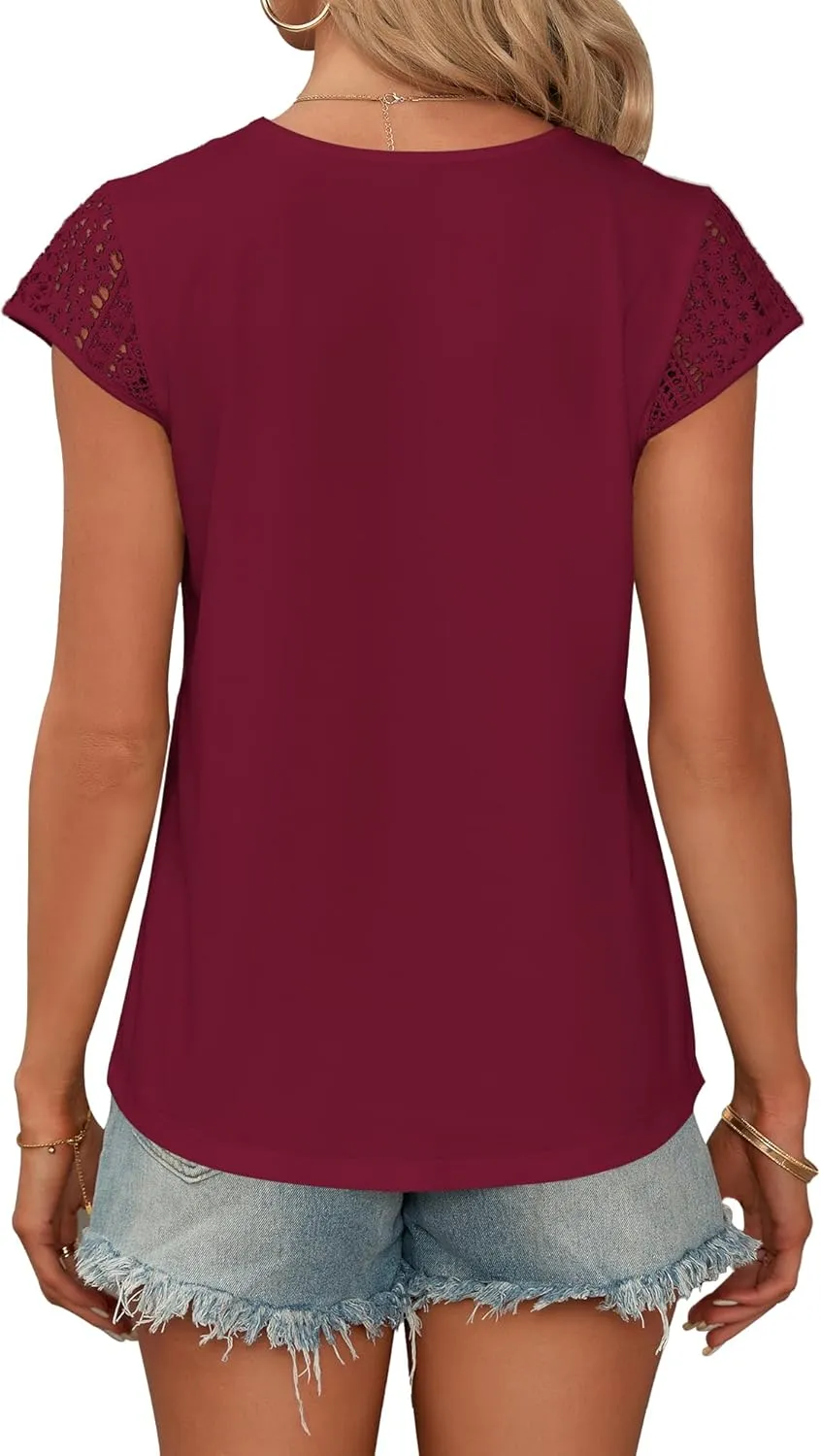 AUSELILY Women's Summer Tops Casual Short Cap Sleeve Crewneck Lace Trim Ladies T Shirts 2025 Trendy