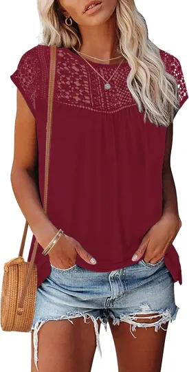 AUSELILY Women's Summer Tops Casual Short Cap Sleeve Crewneck Lace Trim Ladies T Shirts 2025 Trendy