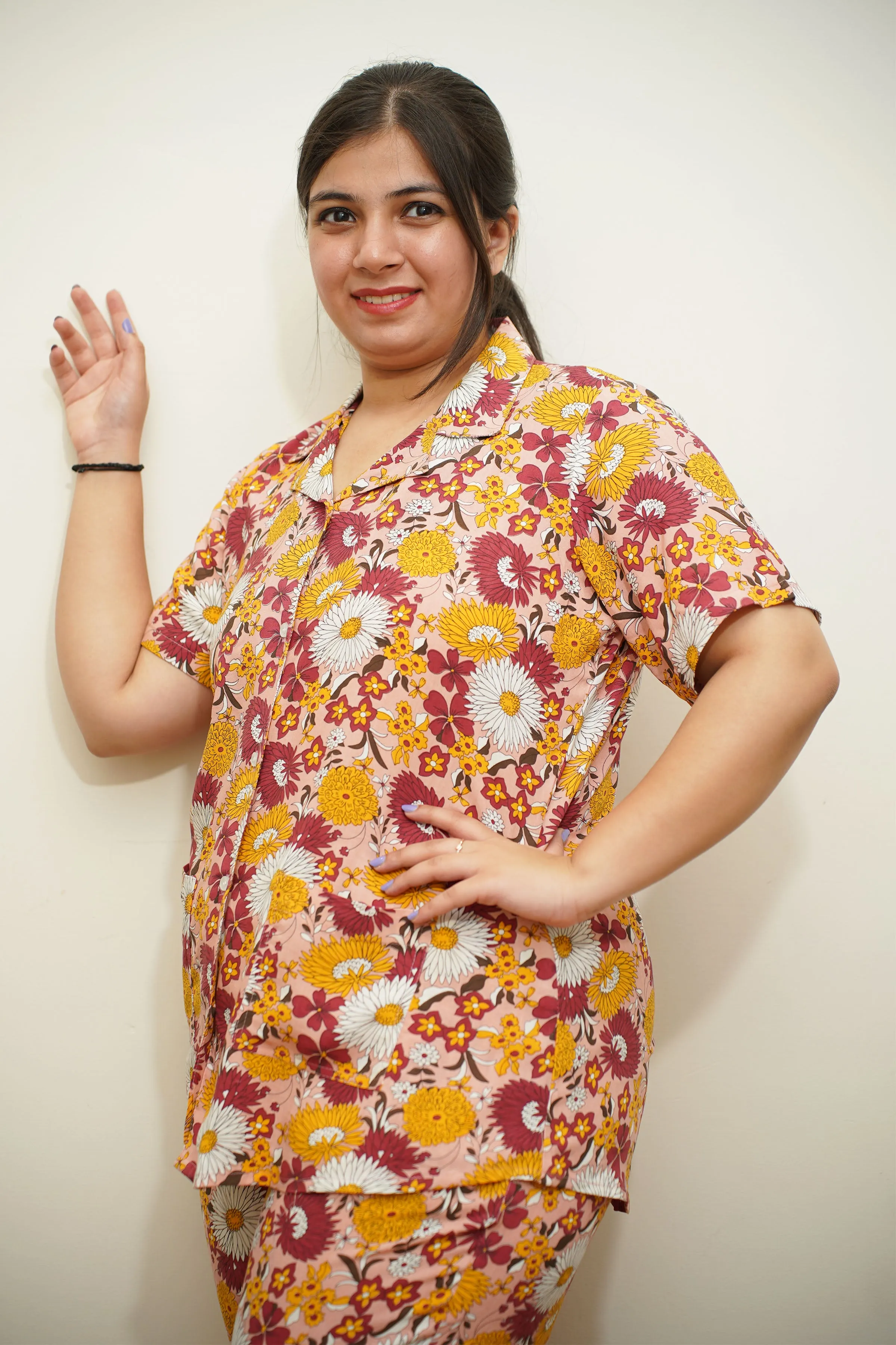 Autumn Blossom-Themed Rayon Night Suit