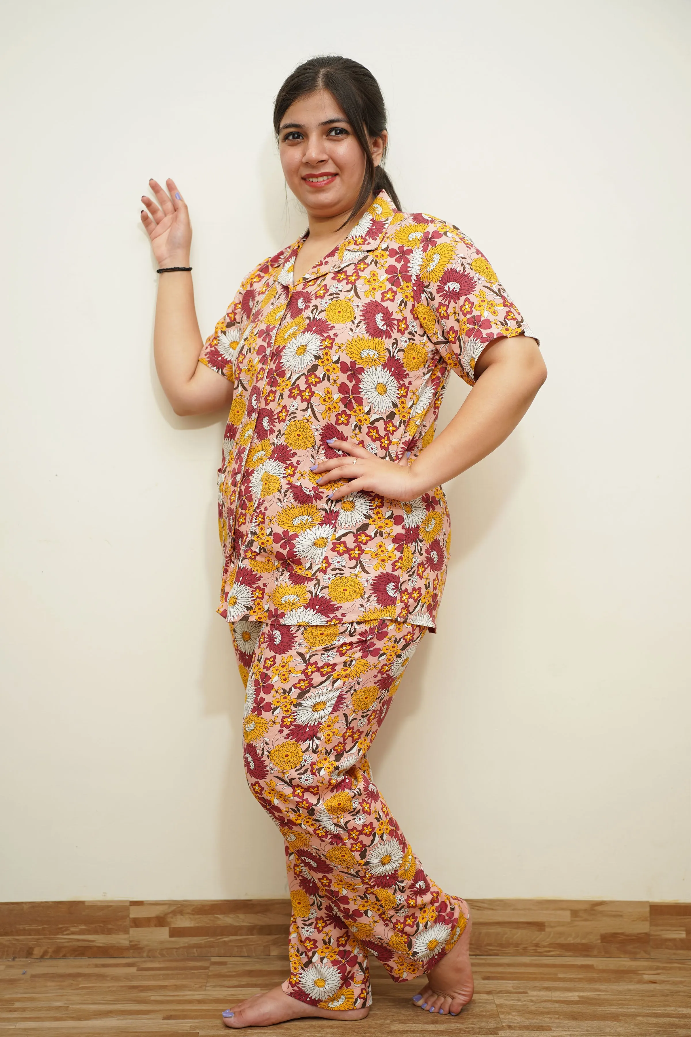 Autumn Blossom-Themed Rayon Night Suit
