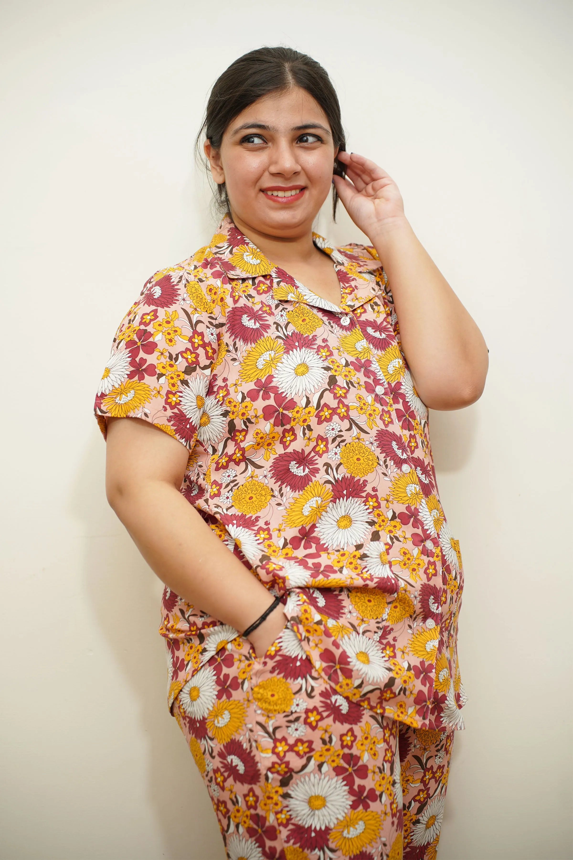 Autumn Blossom-Themed Rayon Night Suit