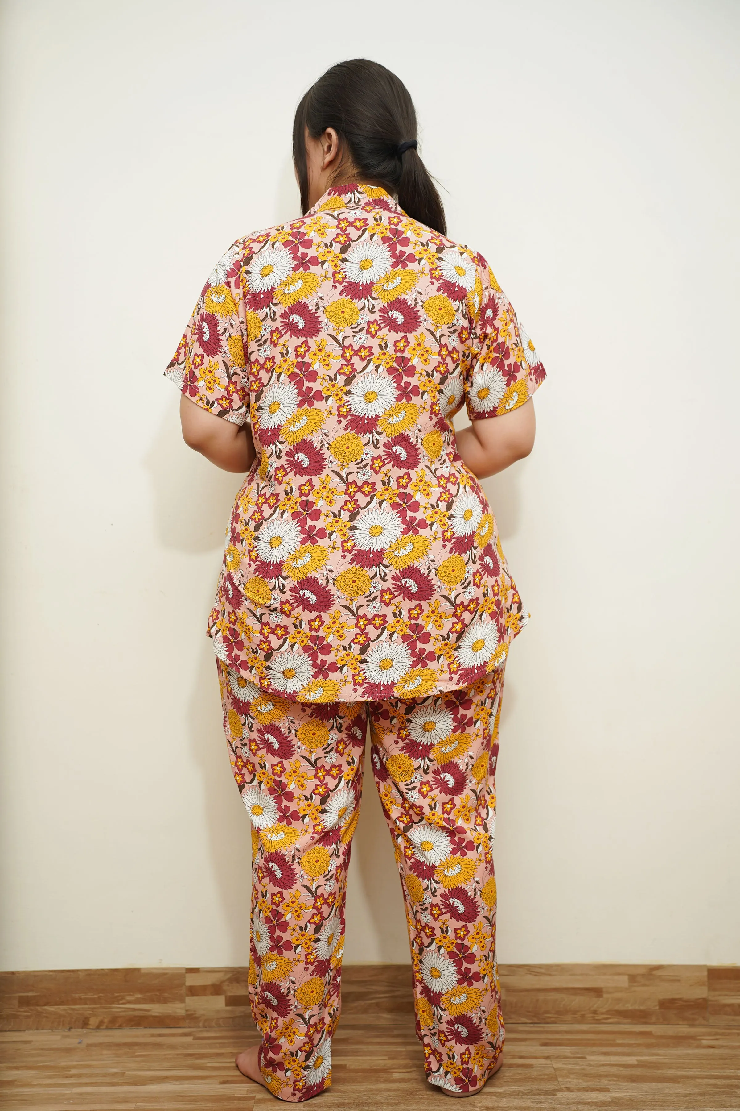 Autumn Blossom-Themed Rayon Night Suit
