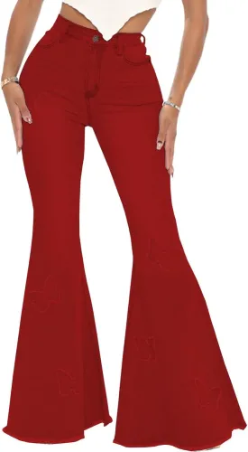 Bell Bottom Jeans for Women Butterfly Vintage High Waisted Skinny Flared Jeans Wide Leg Raw Hem Denim Pants