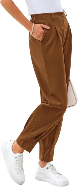 CFLONGE Women's Summer High Waisted Pants for Women 2025 Casual Ankle Length Pant for Work Office Trouser Slacks with Pockets