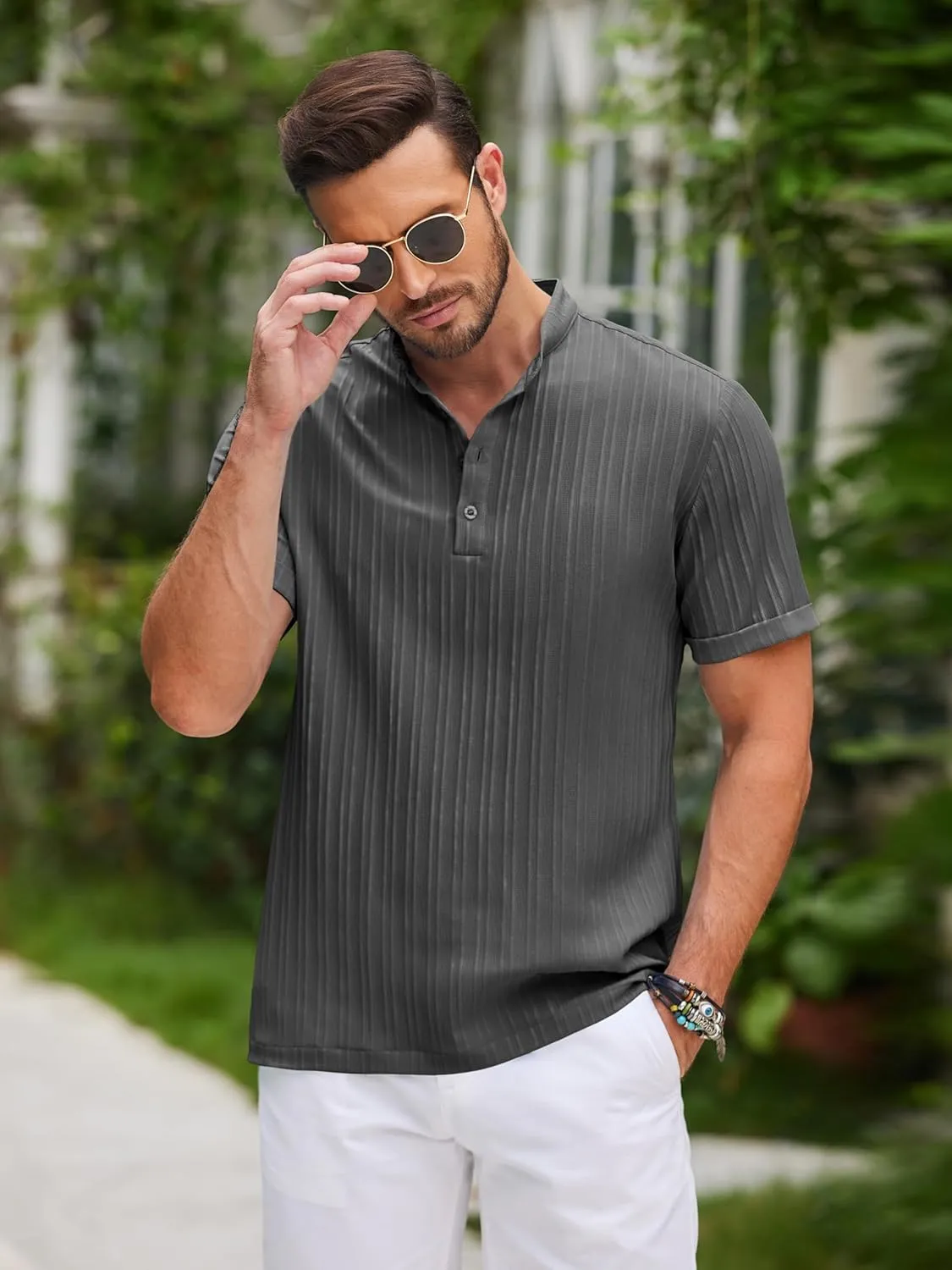 COOFANDY Men Casual Henley Tee Shirt Short Sleeve Band Collar Summer Beach Textured T-Shirt