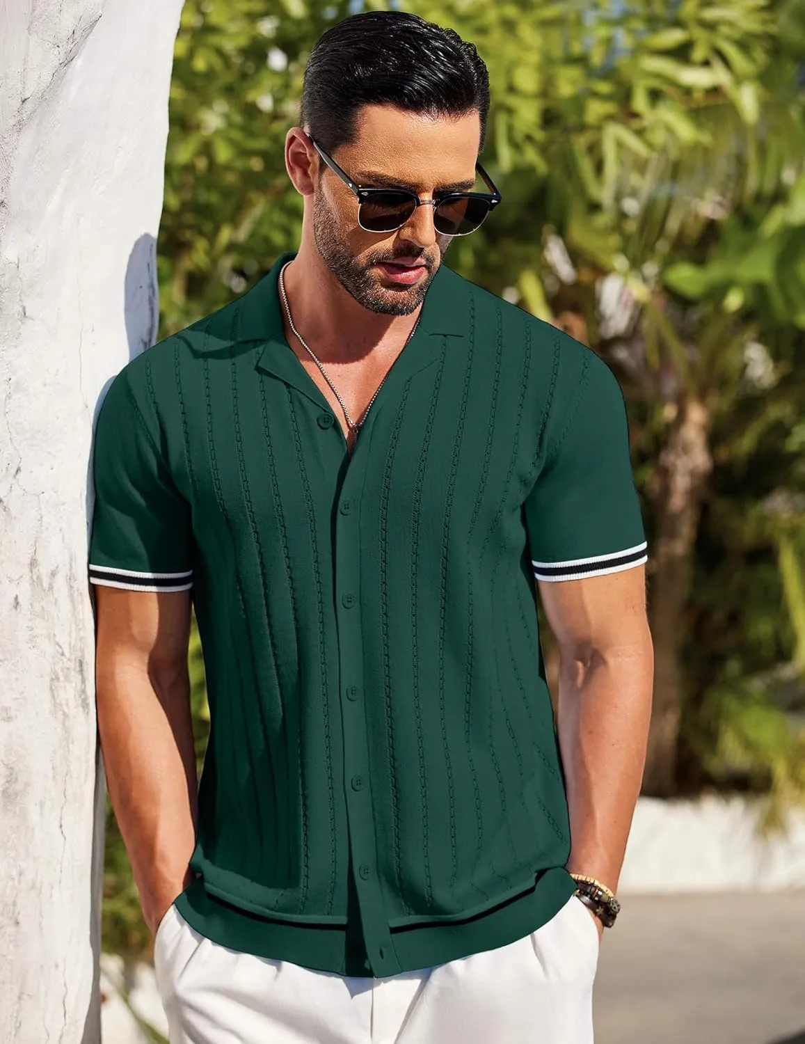 COOFANDY Men's Short Sleeve Knit Shirt Casual Button Down Shirt Vintage Striped Knitted Golf Beach Tops