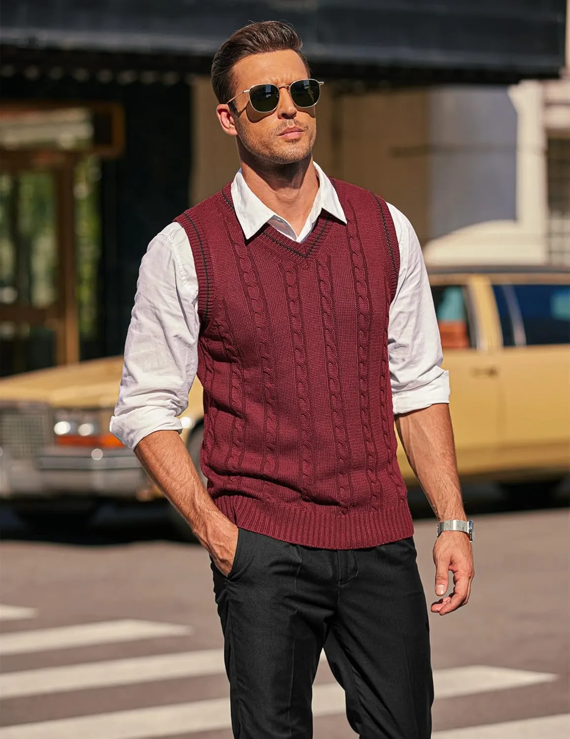 COOFANDY Men's Sweater Vest V Neck Slim Fit Casual Sleeveless Twisted Knitted Pullover Sweater