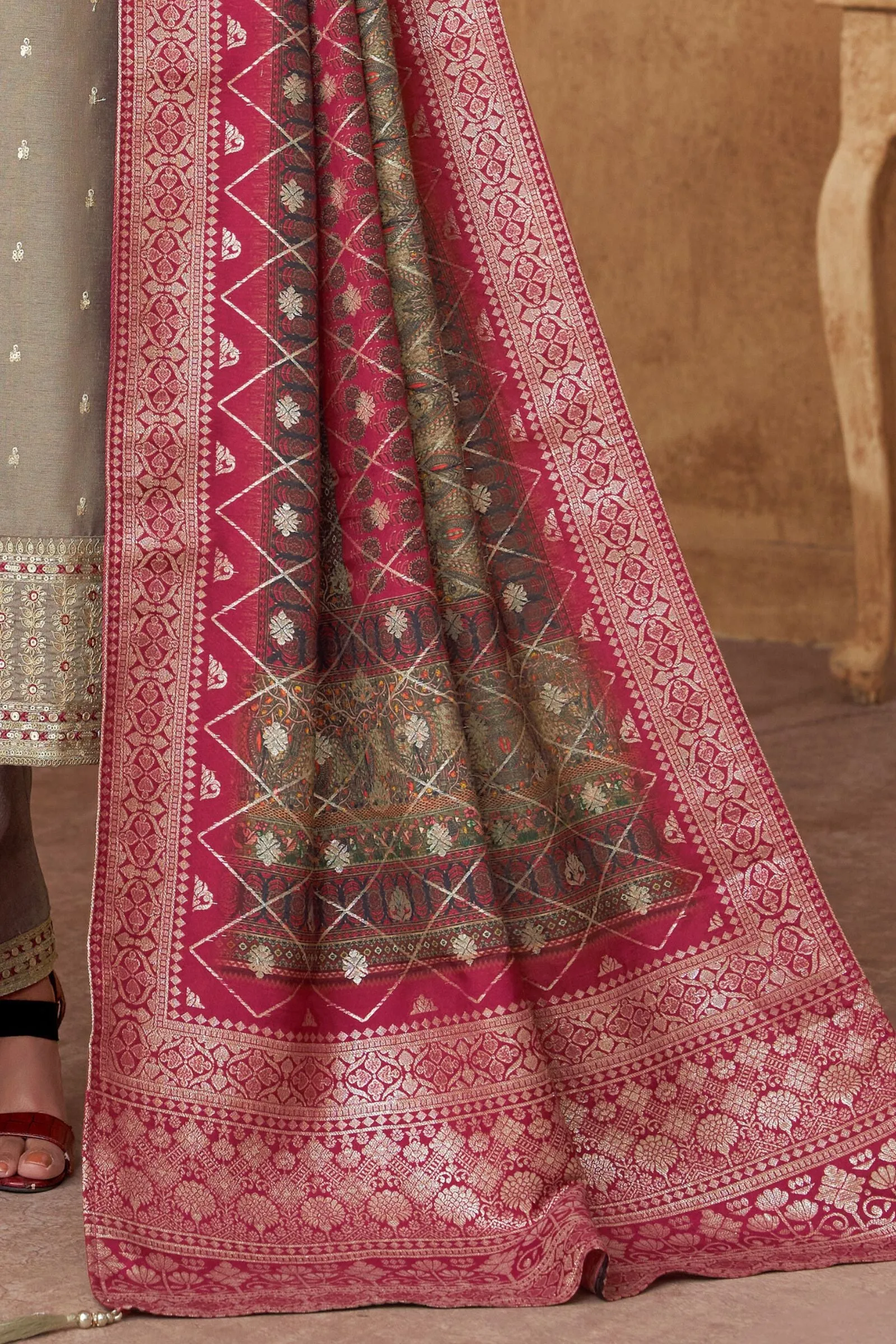 Copper Sequins, Thread and Zari work Straight Cut Salwar Suit with Digital Print Dupatta