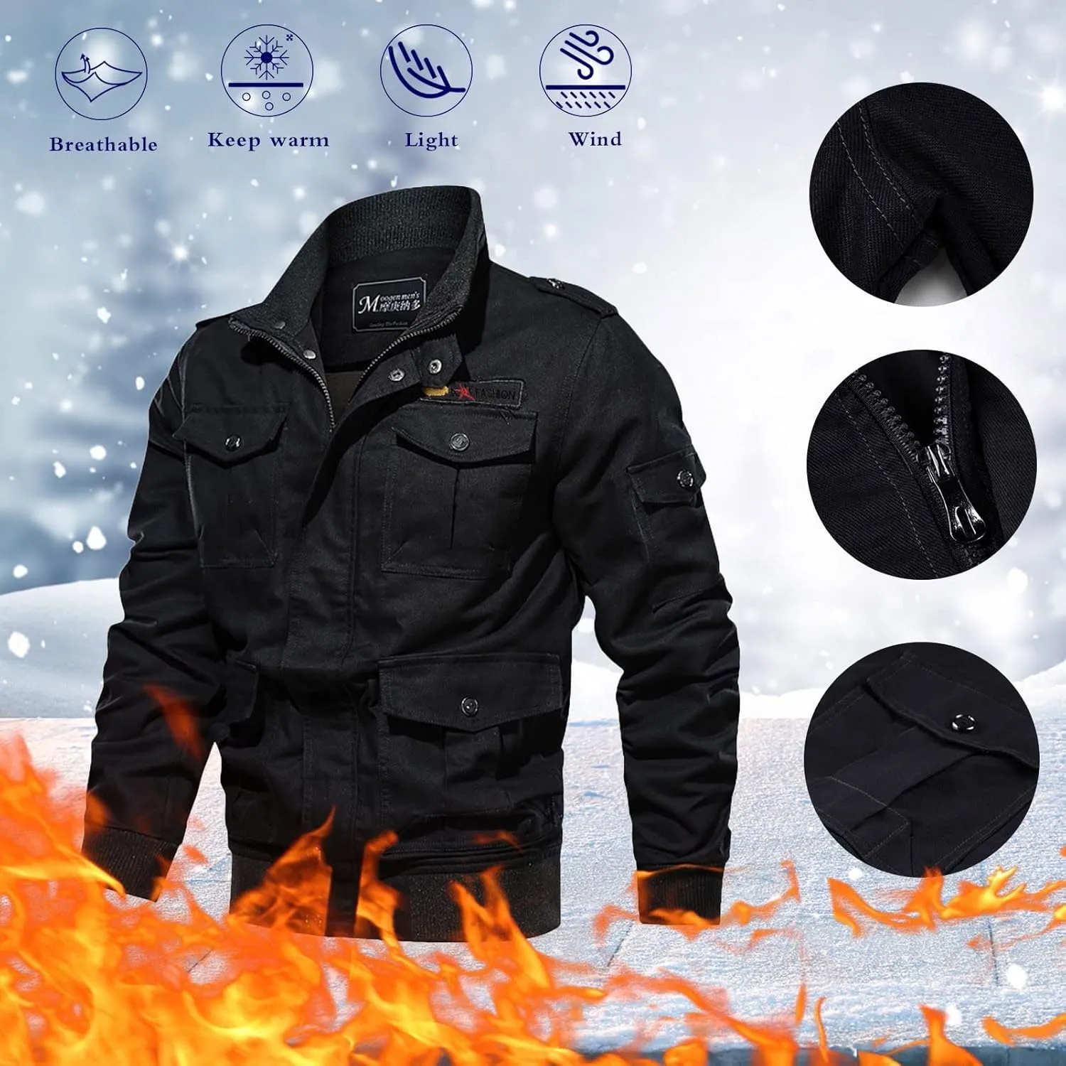 CRNTCEM Mens Winter Cotton Military Jackets Thicken Multi-Pocket Field Jacket Outwear Button Down Work Cargo Jackets Coat
