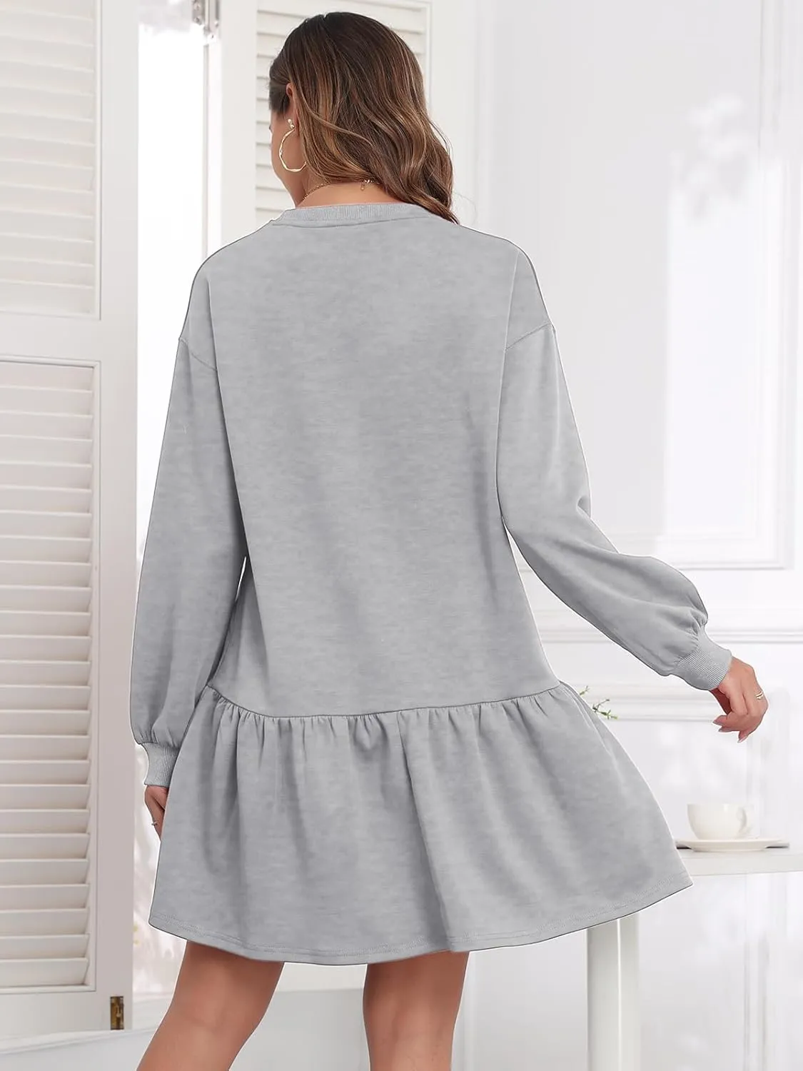 Dokuritu Sweatshirt Dress for Women Crewneck Long Sleeve Ruffled Patchwork Pullover Fall Dress Casual Sport Mini Dress