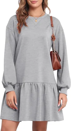 Dokuritu Sweatshirt Dress for Women Crewneck Long Sleeve Ruffled Patchwork Pullover Fall Dress Casual Sport Mini Dress