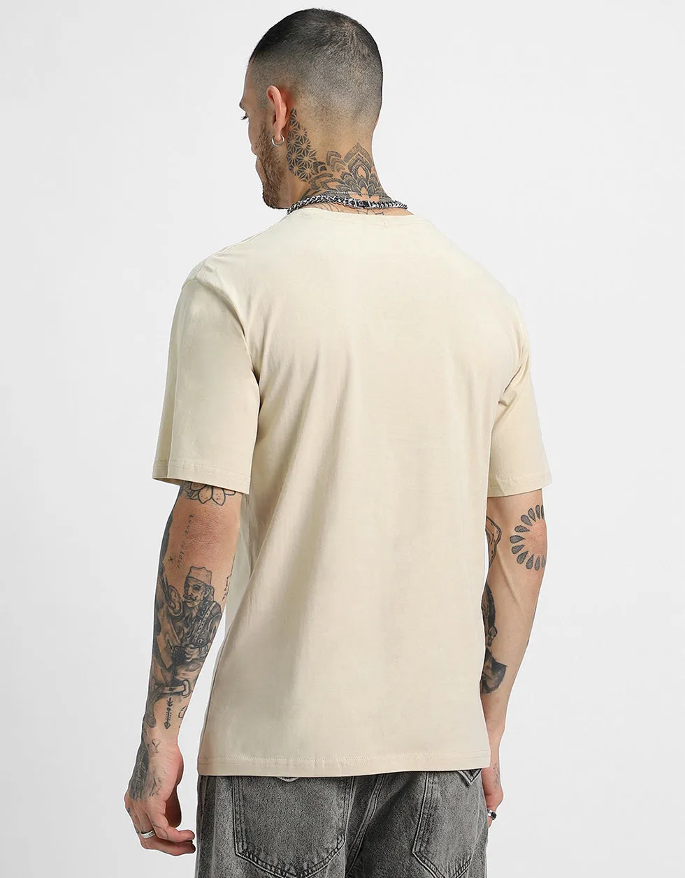 Beige Oversized T-Shirt with Front Graphic Print - Dope Stuff