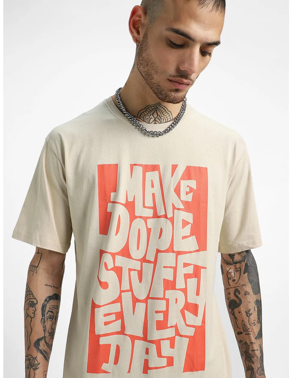 Beige Oversized T-Shirt with Front Graphic Print - Dope Stuff