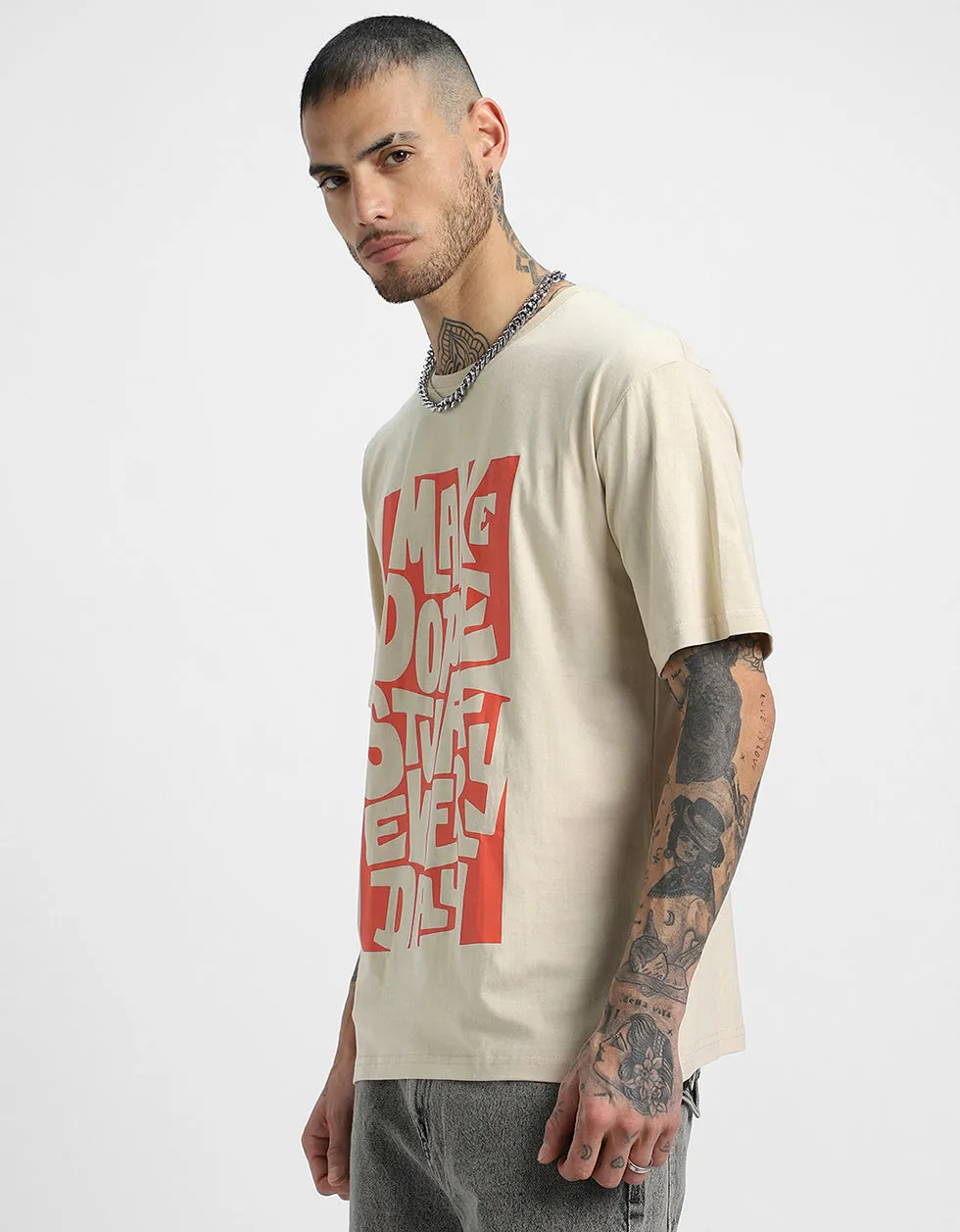 Beige Oversized T-Shirt with Front Graphic Print - Dope Stuff