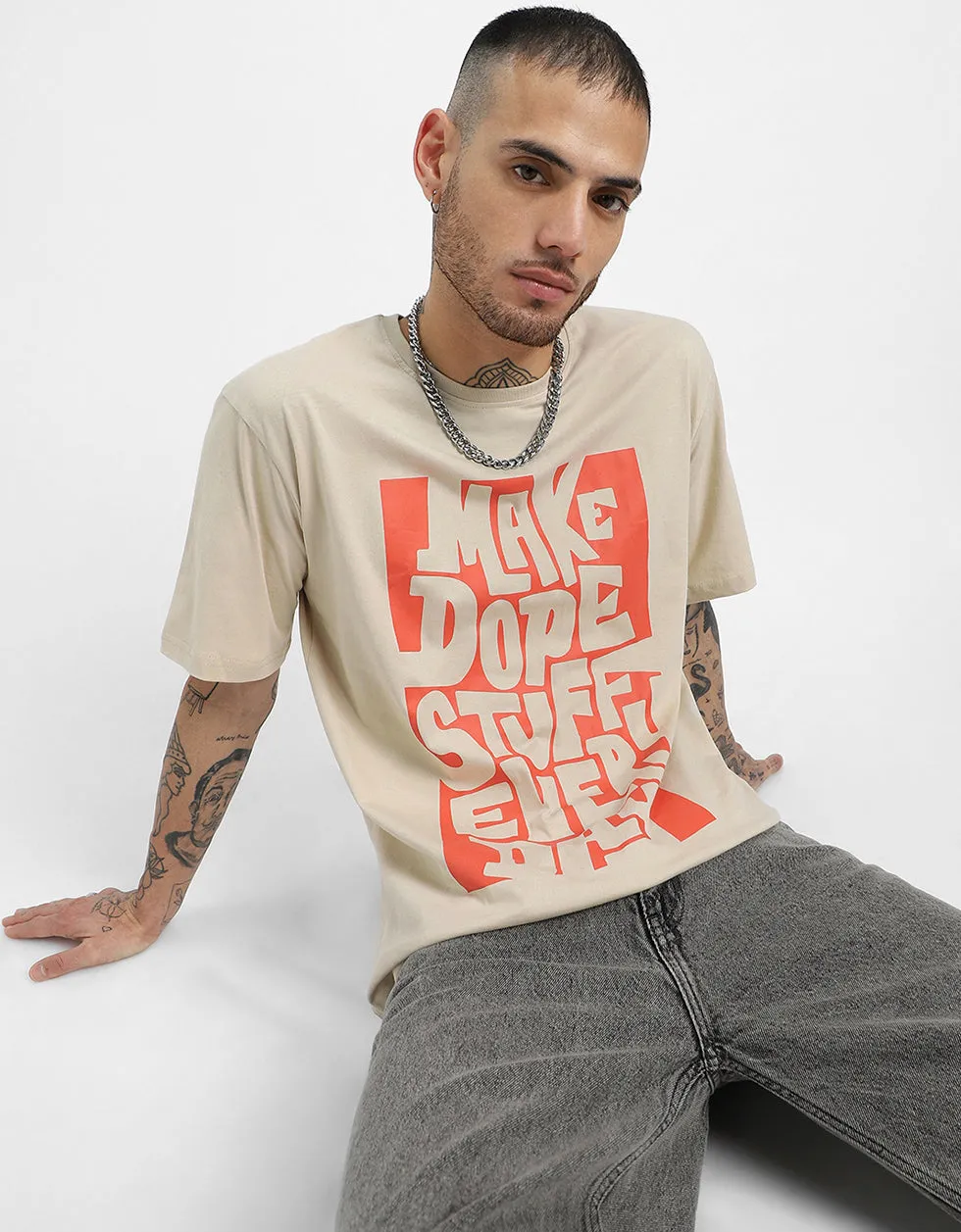 Beige Oversized T-Shirt with Front Graphic Print - Dope Stuff