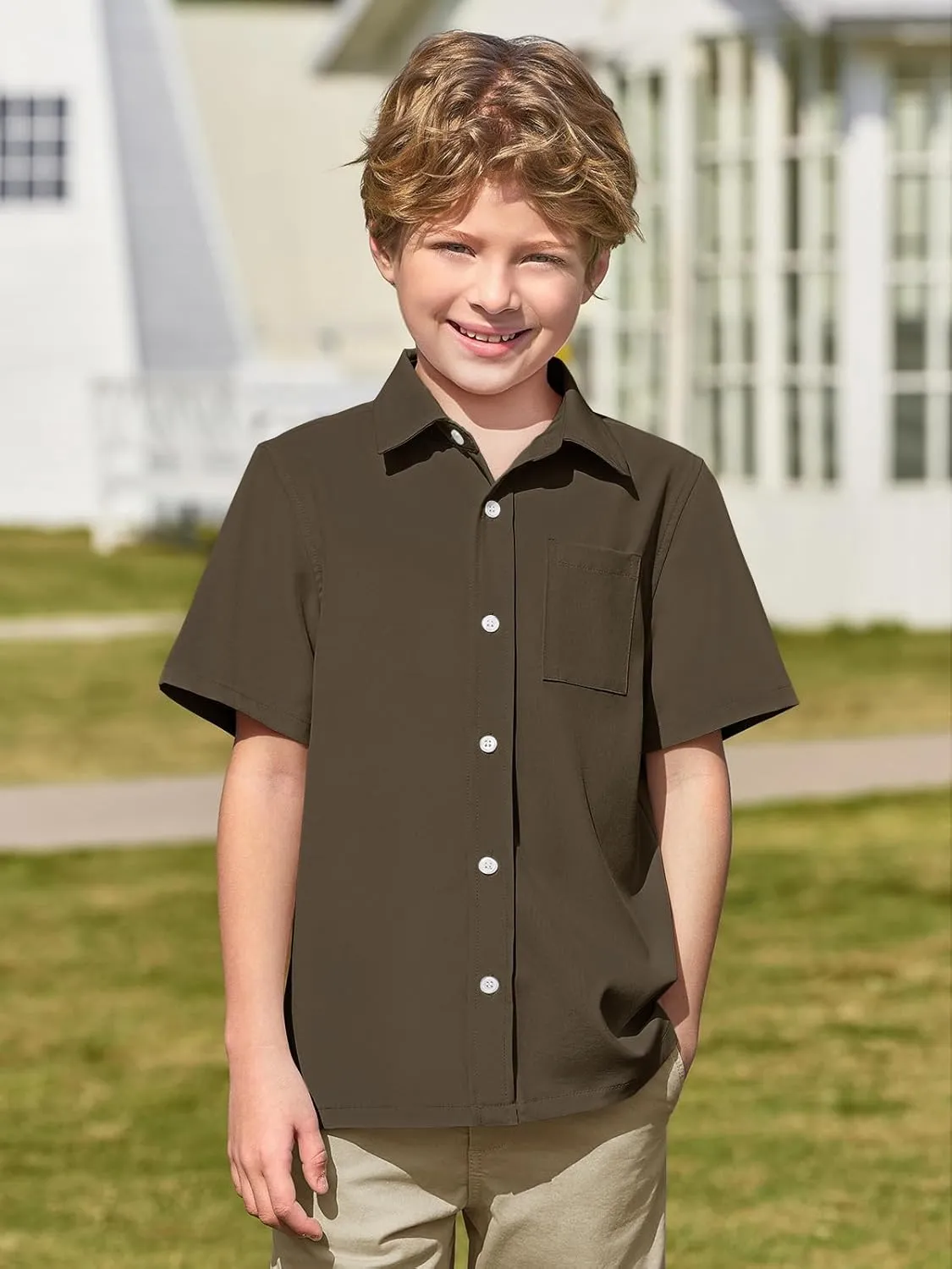 Haloumoning Boys Short Sleeve Button Down Shirt Kids Dress Shirts Formal Uniform Shirt with Pocket 5-14 Years