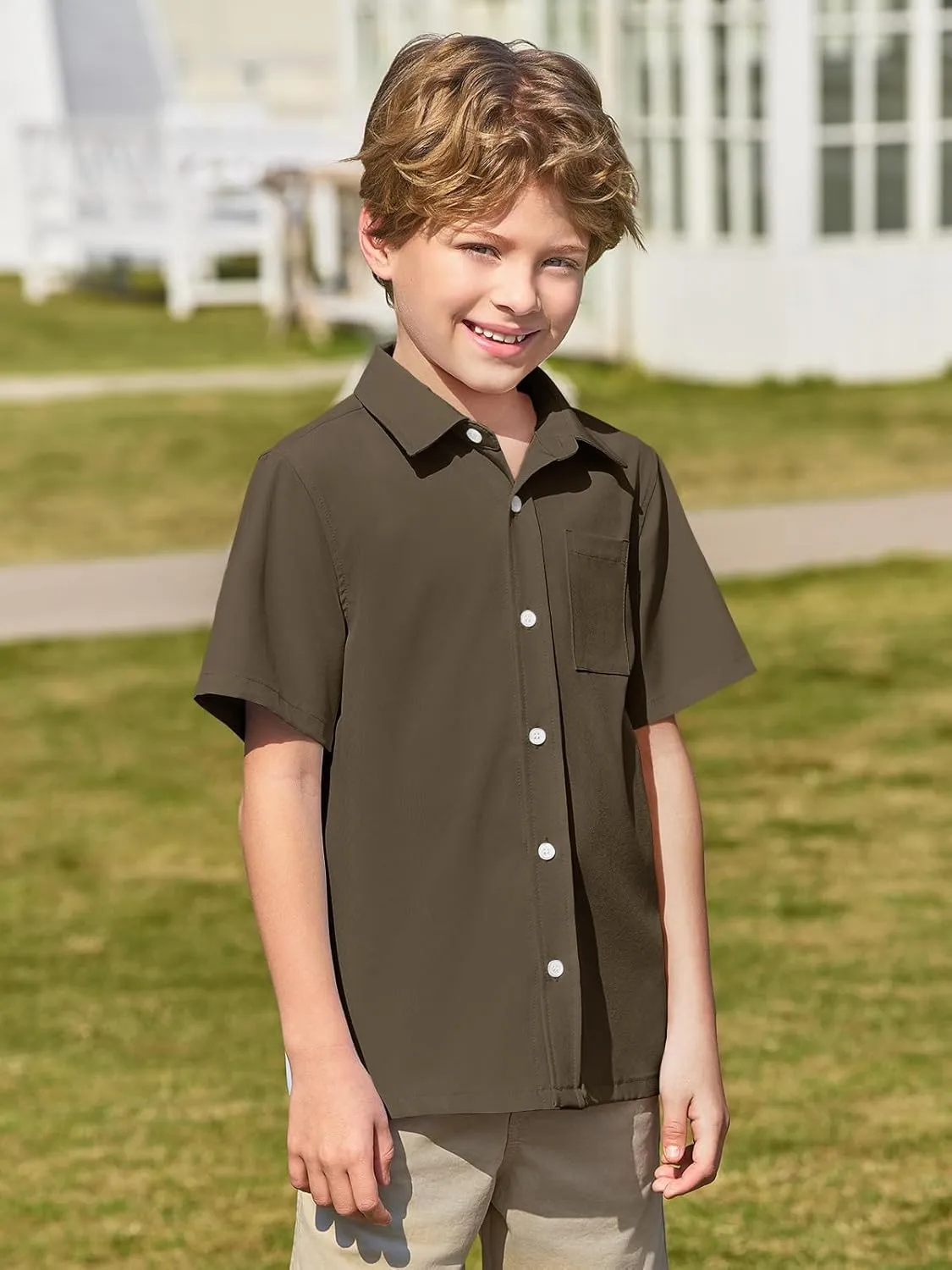 Haloumoning Boys Short Sleeve Button Down Shirt Kids Dress Shirts Formal Uniform Shirt with Pocket 5-14 Years