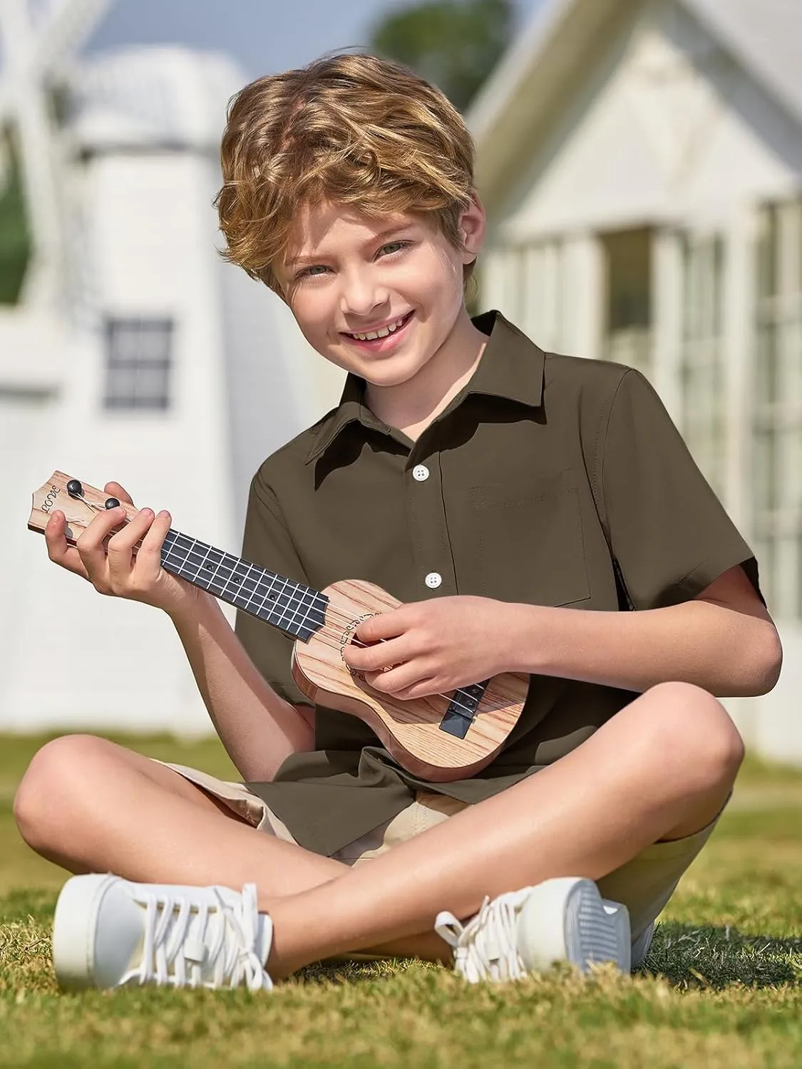 Haloumoning Boys Short Sleeve Button Down Shirt Kids Dress Shirts Formal Uniform Shirt with Pocket 5-14 Years