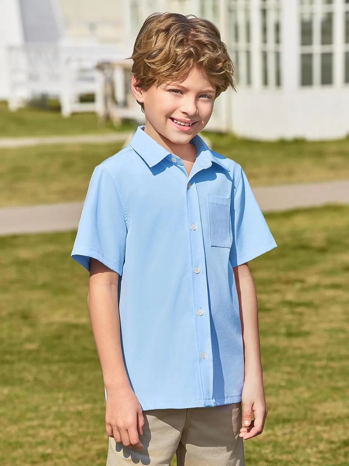 Haloumoning Boys Short Sleeve Button Down Shirt Kids Dress Shirts Formal Uniform Shirt with Pocket 5-14 Years