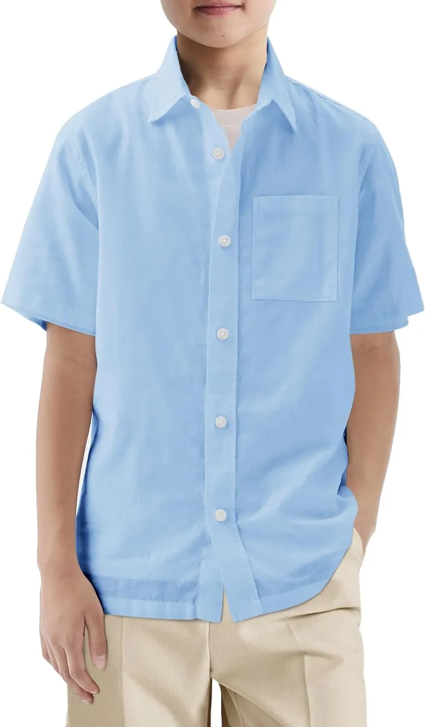 Haloumoning Boys Short Sleeve Button Down Shirt Kids Dress Shirts Formal Uniform Shirt with Pocket 5-14 Years