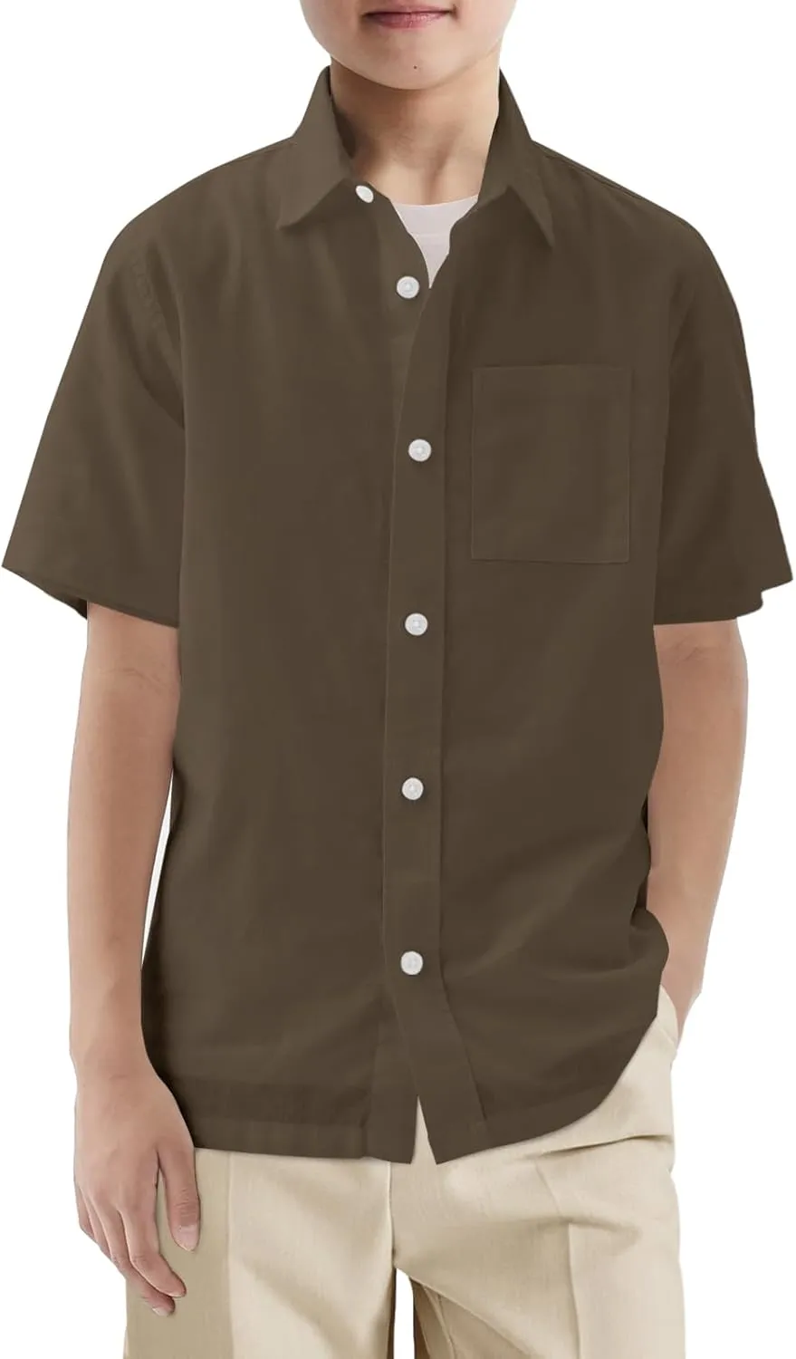 Haloumoning Boys Short Sleeve Button Down Shirt Kids Dress Shirts Formal Uniform Shirt with Pocket 5-14 Years