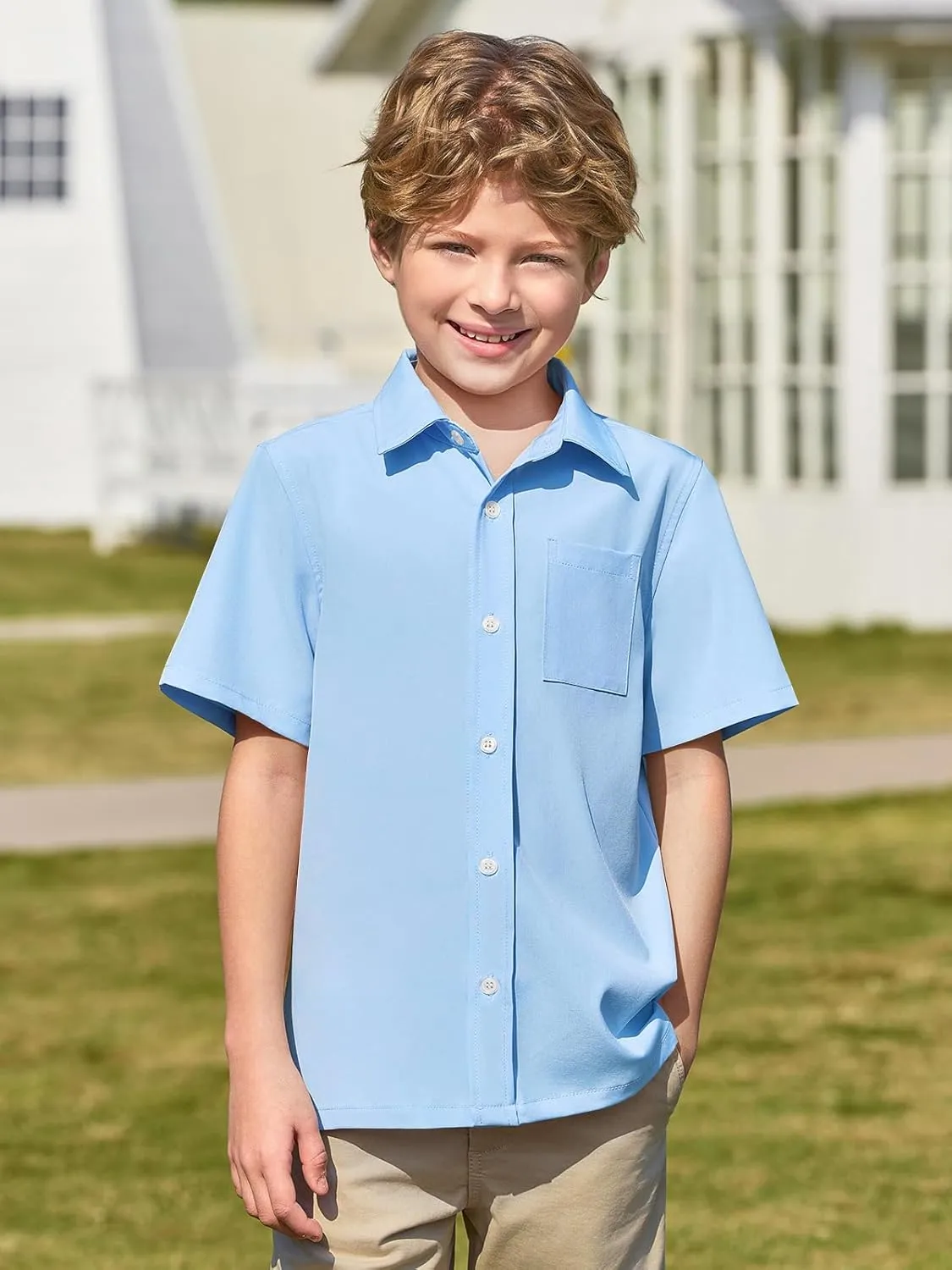 Haloumoning Boys Short Sleeve Button Down Shirt Kids Dress Shirts Formal Uniform Shirt with Pocket 5-14 Years