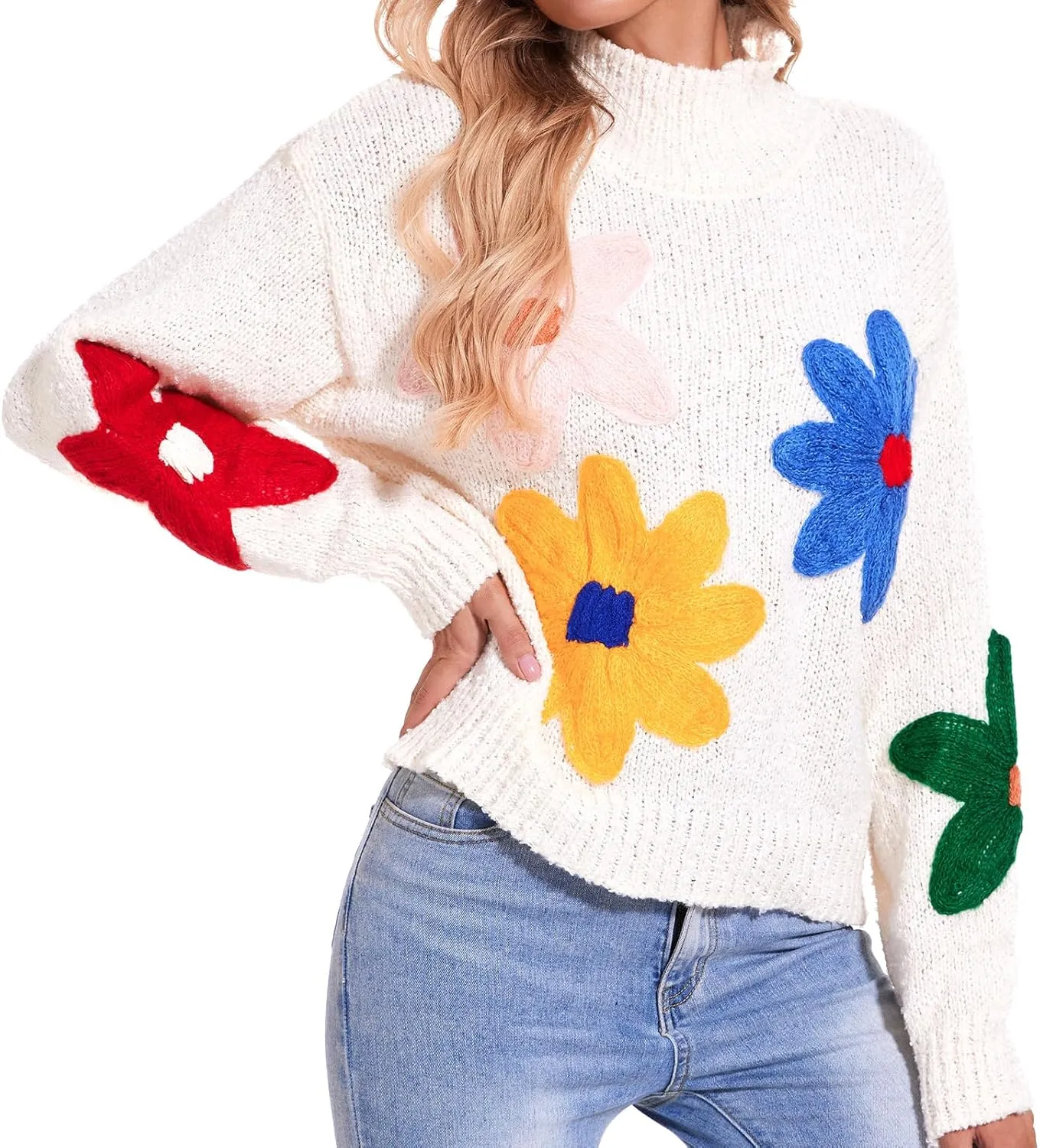 HOULENGS Women's Cute Floral Pattern Long Sleeve Sweater Mock Neck Flower Knitted Pullover Tops