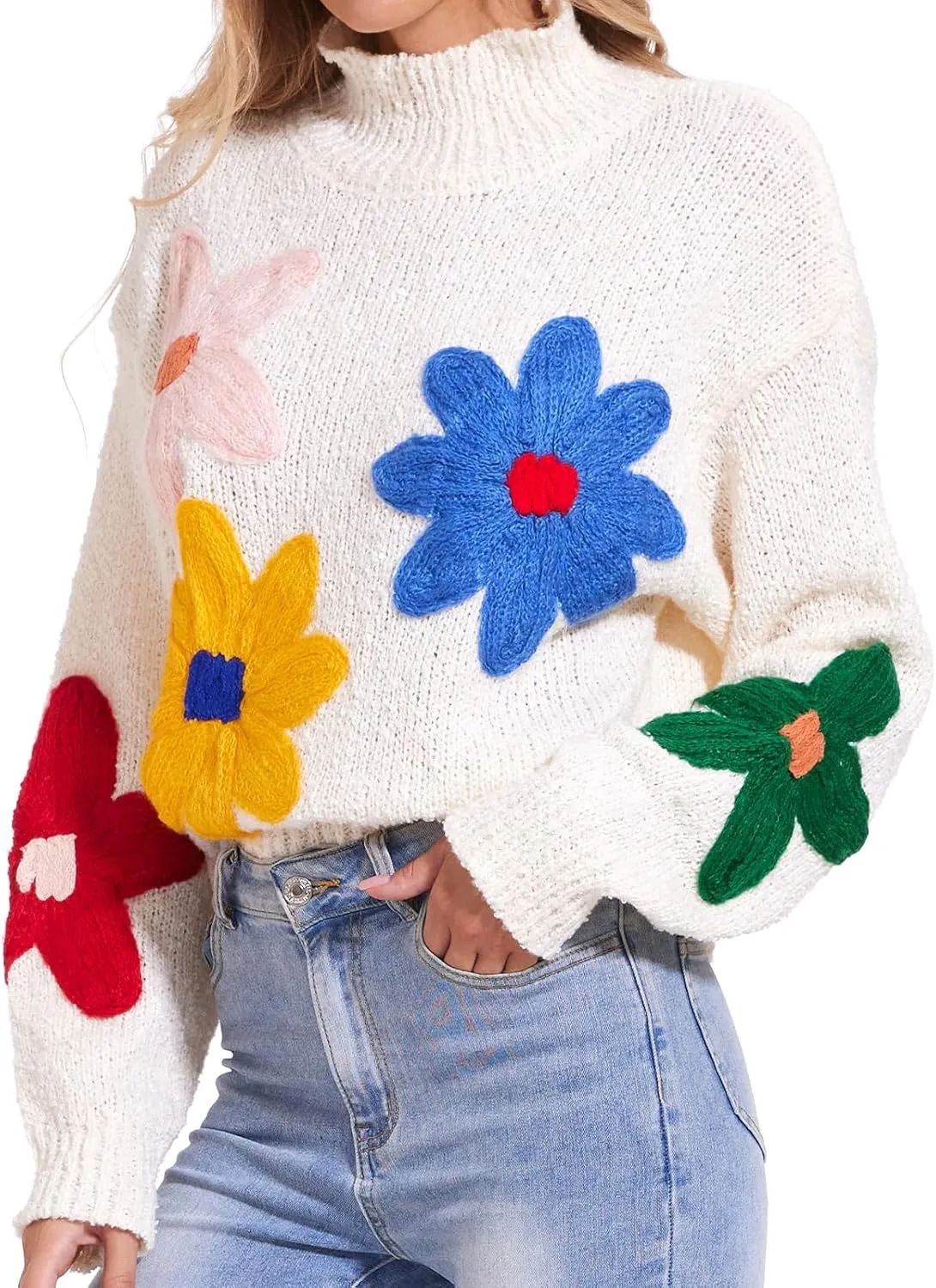 HOULENGS Women's Cute Floral Pattern Long Sleeve Sweater Mock Neck Flower Knitted Pullover Tops