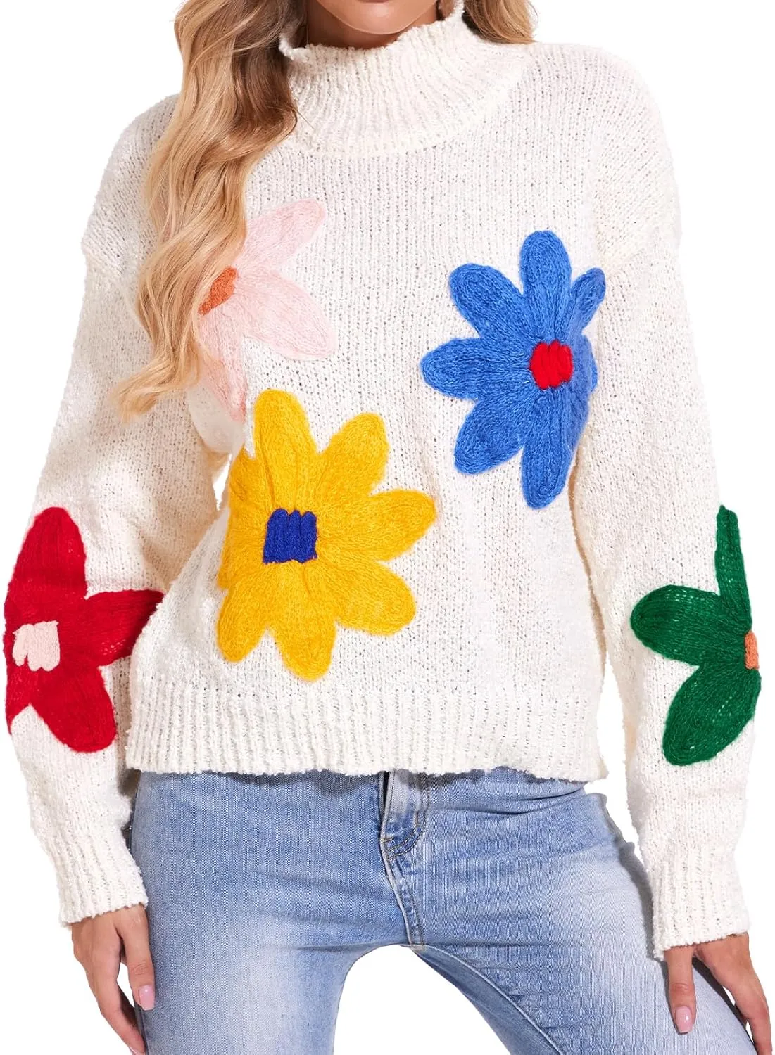 HOULENGS Women's Cute Floral Pattern Long Sleeve Sweater Mock Neck Flower Knitted Pullover Tops