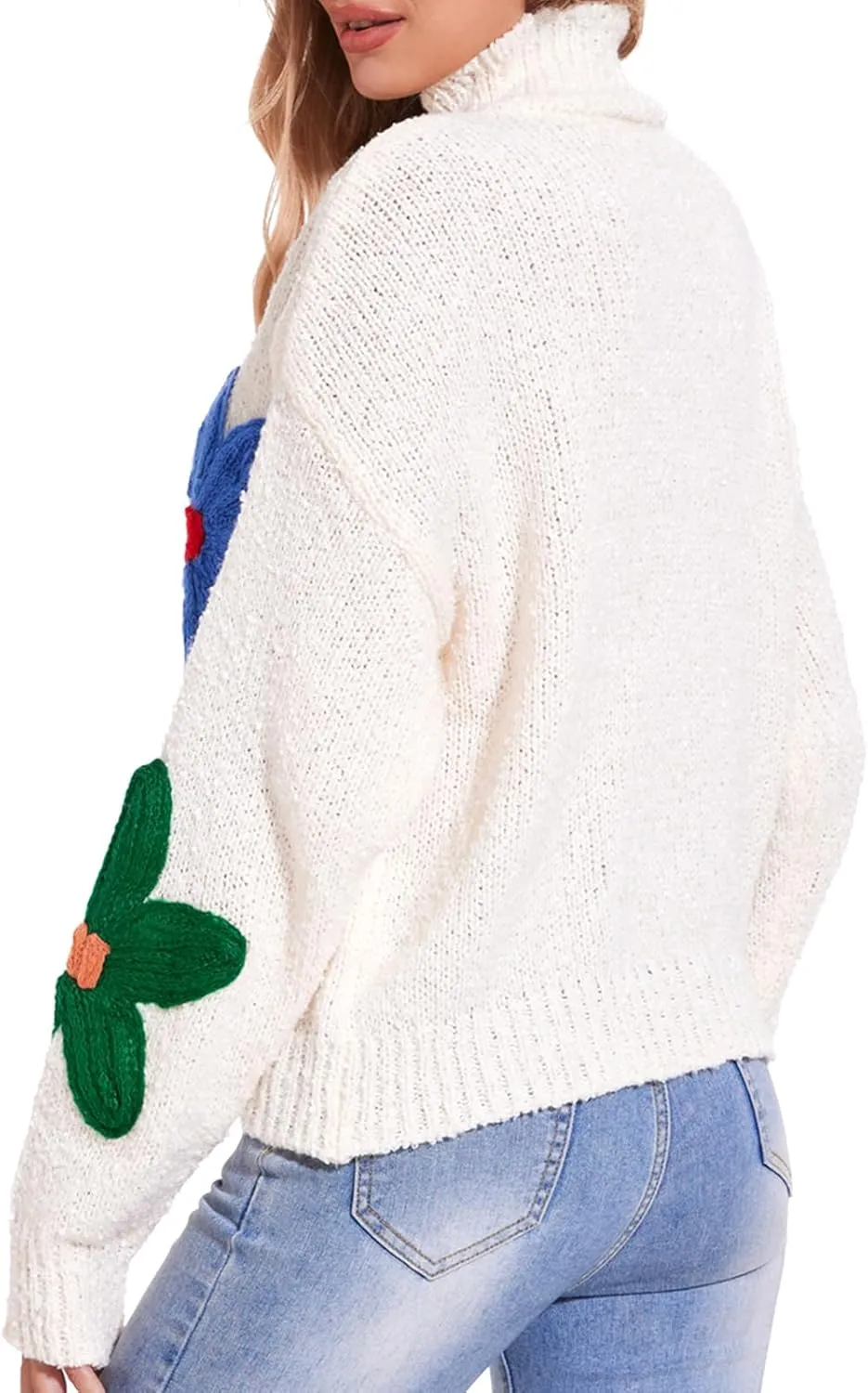 HOULENGS Women's Cute Floral Pattern Long Sleeve Sweater Mock Neck Flower Knitted Pullover Tops